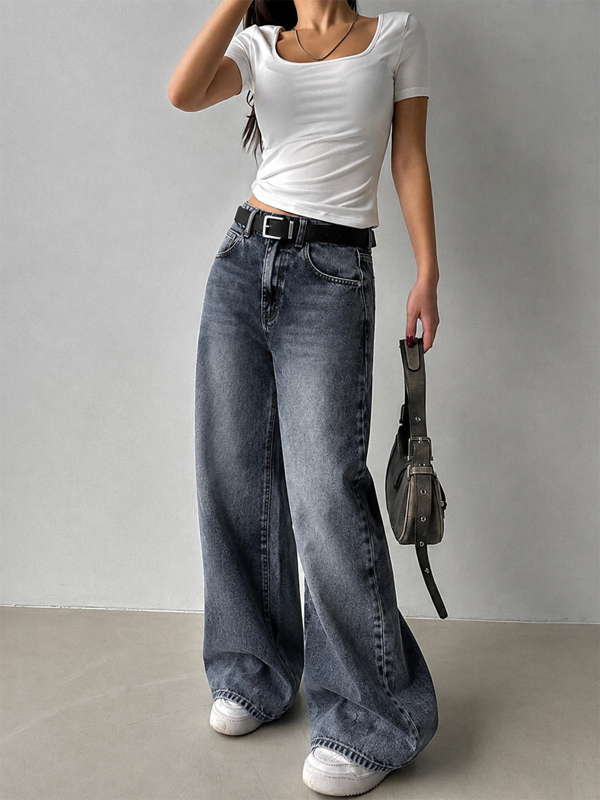 80'S Ash Grey Washed Super Wide Leg Jeans