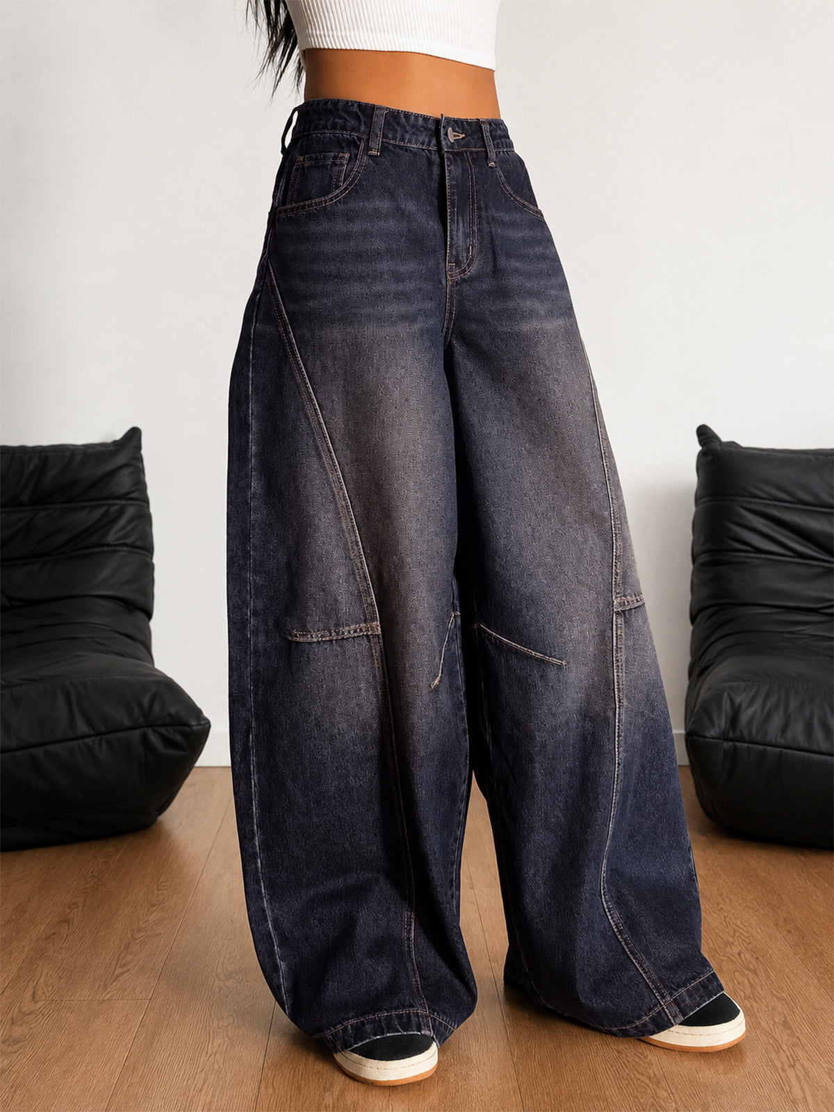 Deep Space Blue Panelled Y2K Wide Leg Jeans