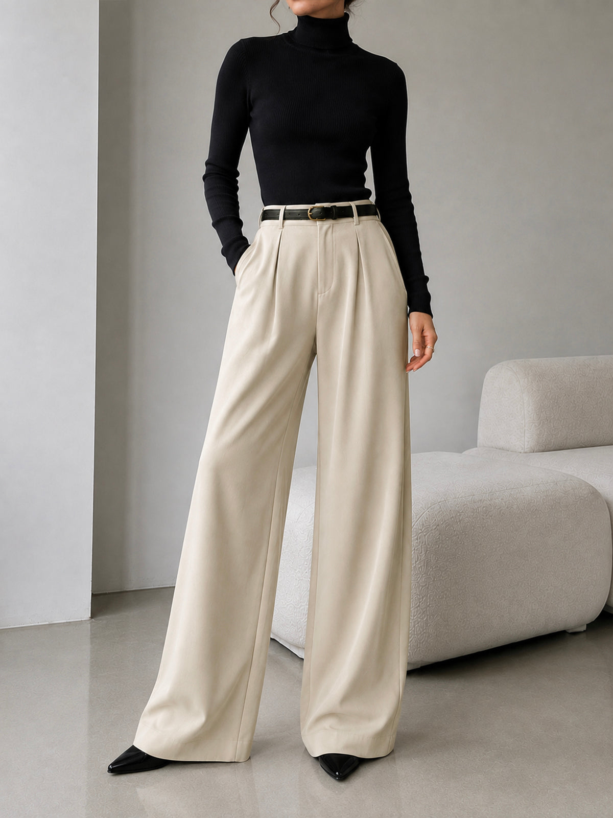 Vanilla Beige Pleated Wide Leg Korean Pants