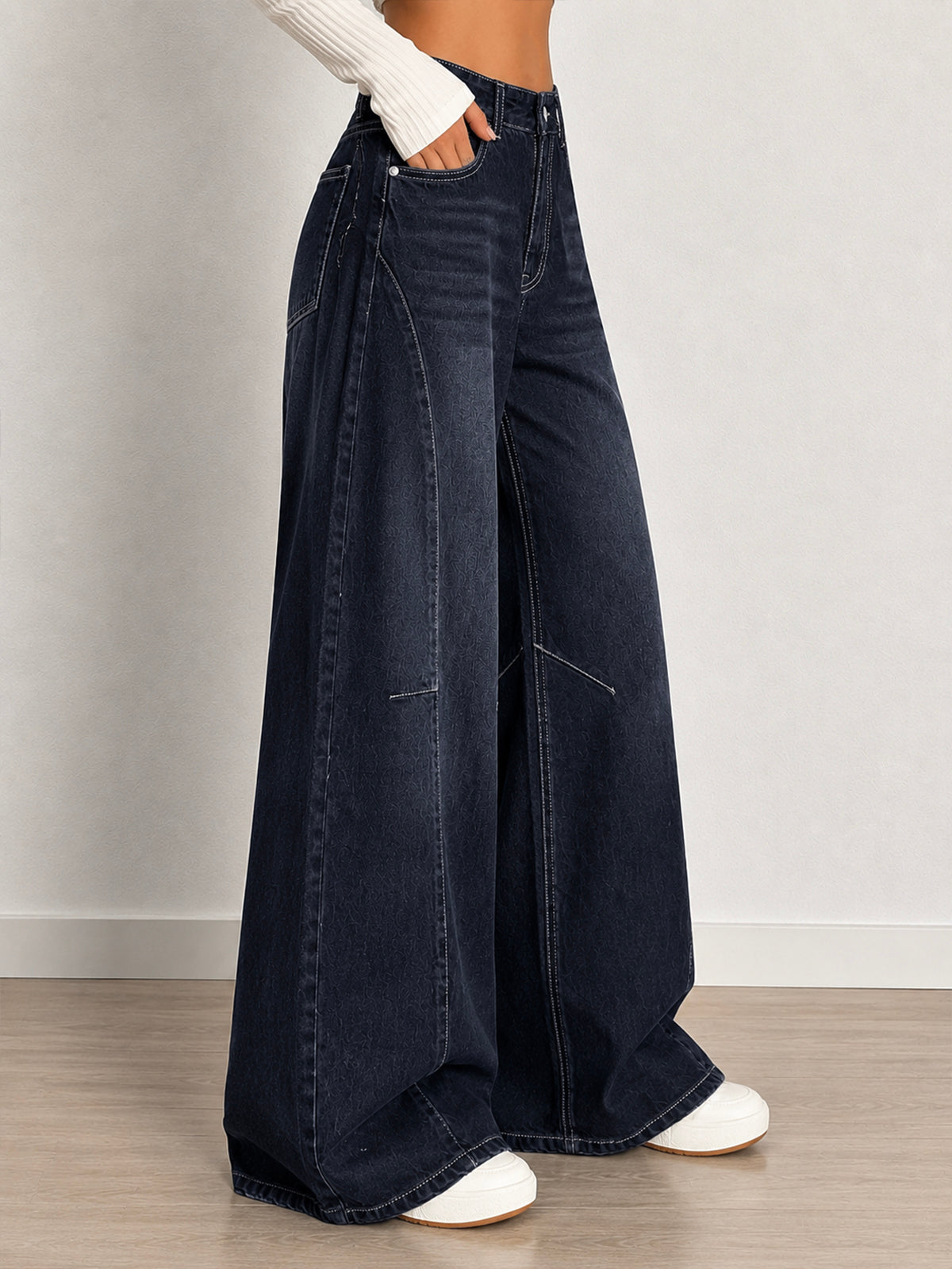 Ash Black Washed Panelled Wide Leg Jeans