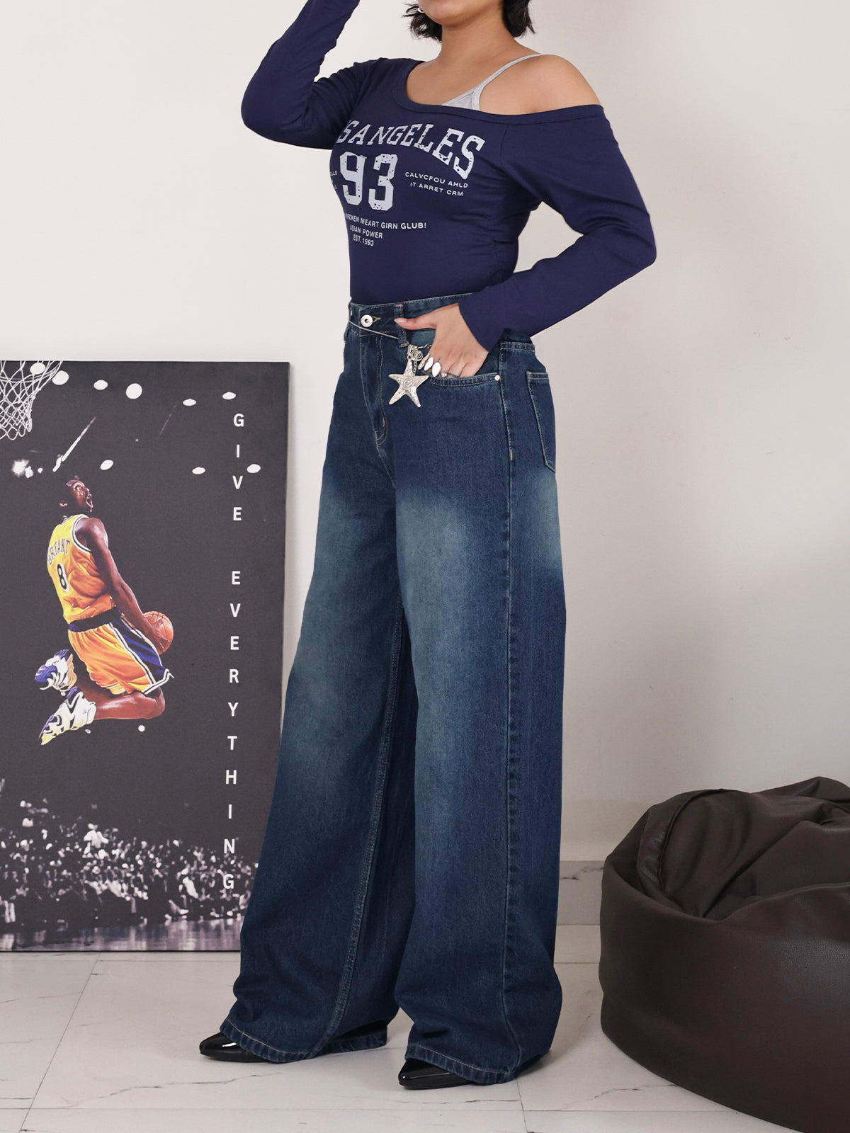 Marine Blue Washed Wide Leg Jeans