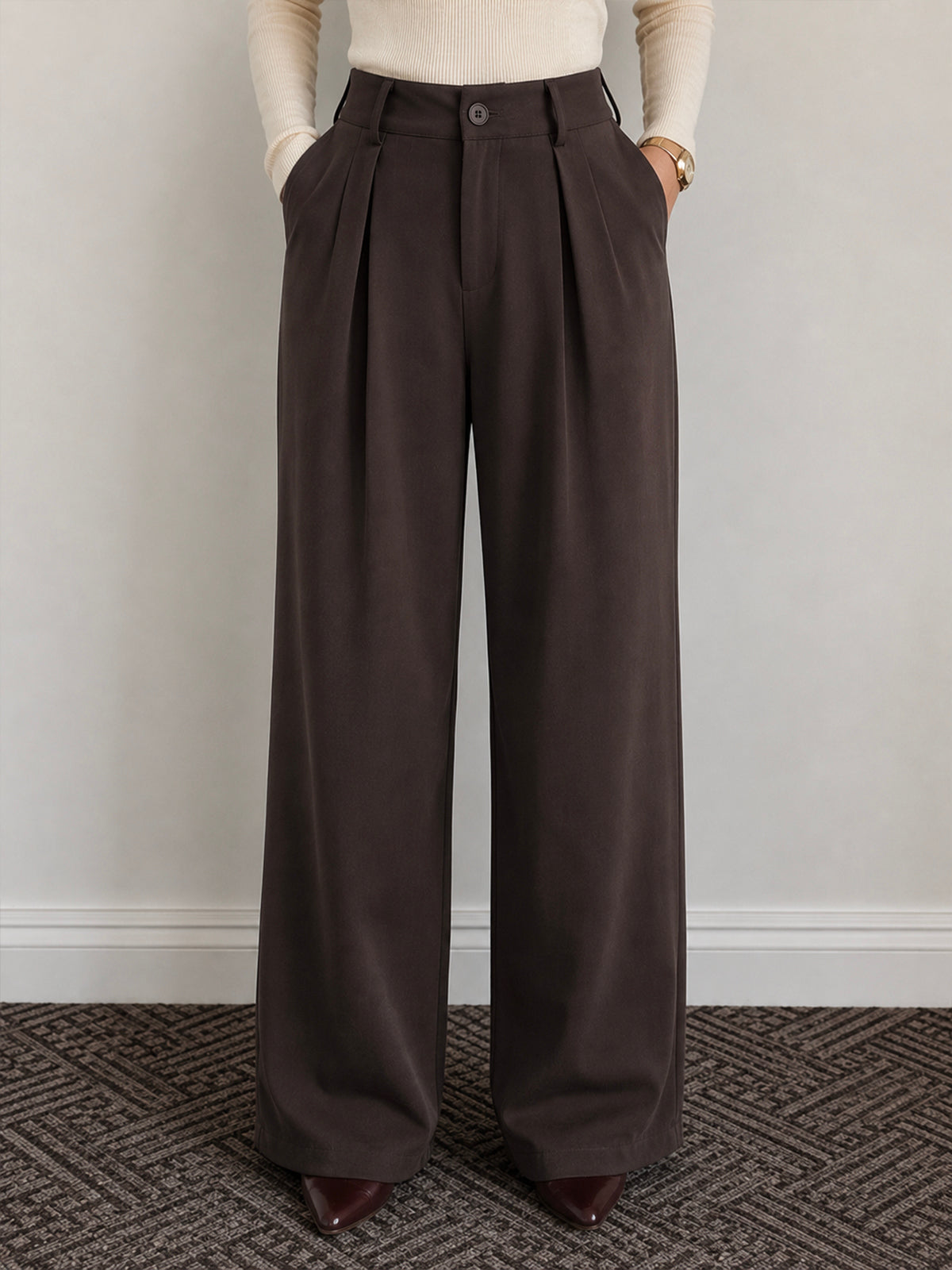 Dark Cocoa Brown Pleated Wide Leg Korean Pants
