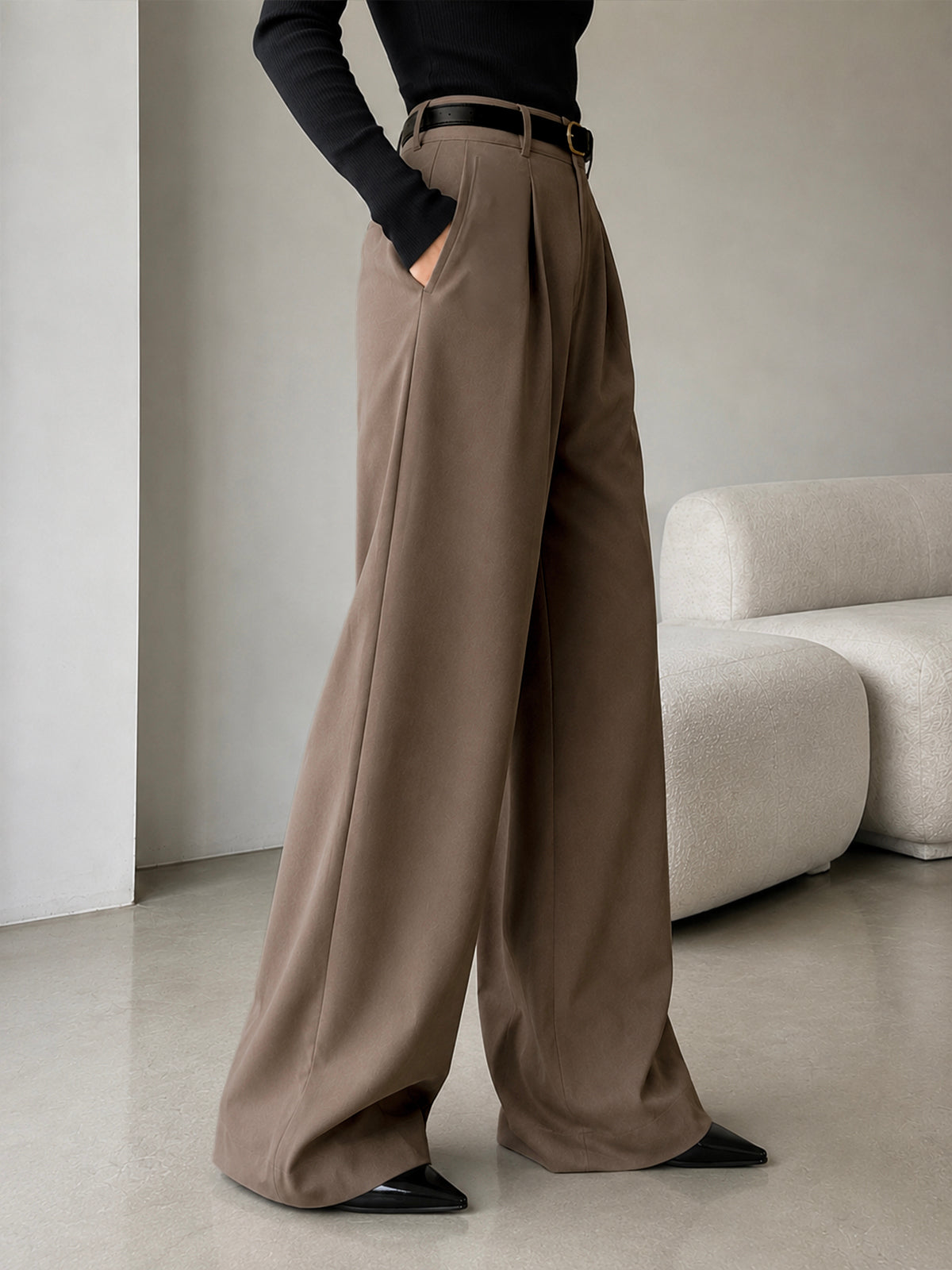 Latte Brown Pleated Wide Leg Korean Pants