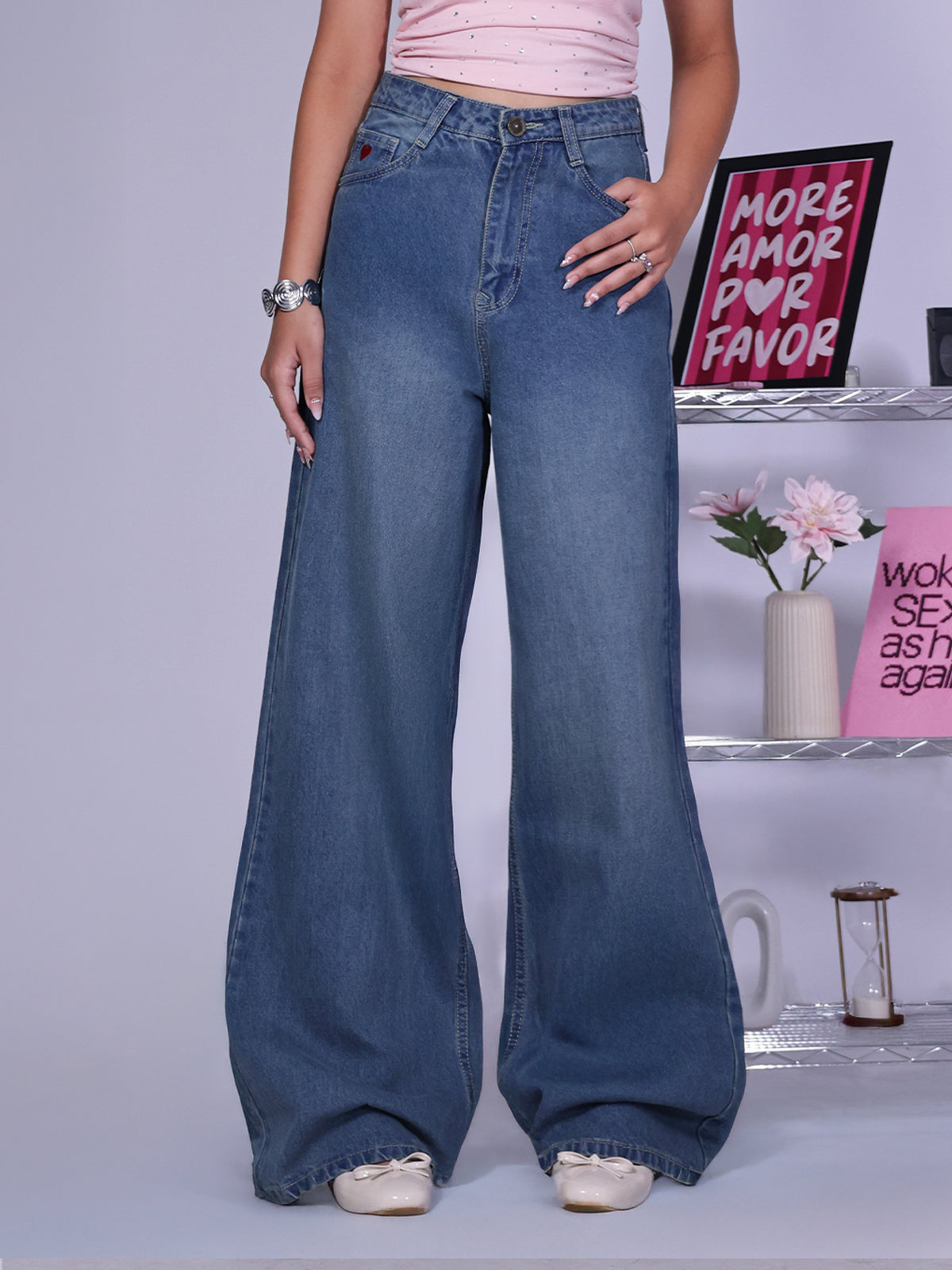 Chicago Blue Embroidered Wide Leg Jeans