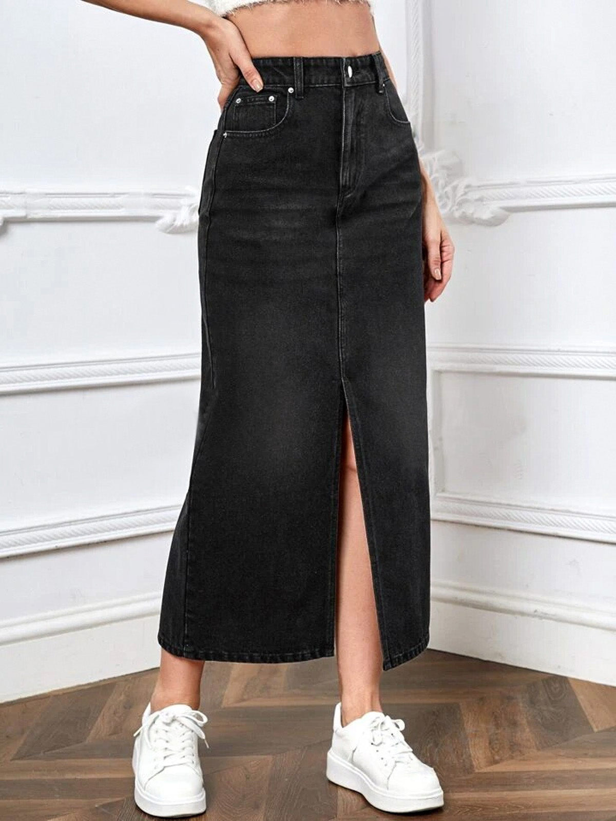 Premium Black Whisker Midi Skirt