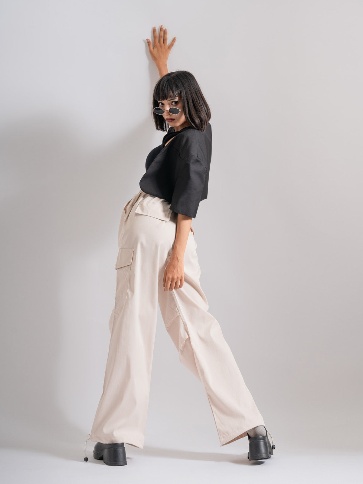 Beige Twill Cotton Parachute Pants