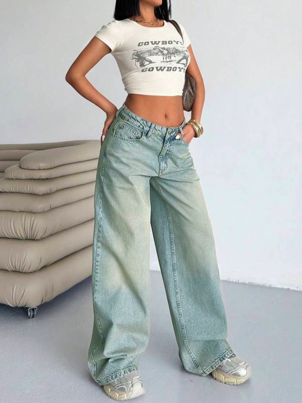 Arctic Blue Tinted Low Waist Wide Leg Jeans