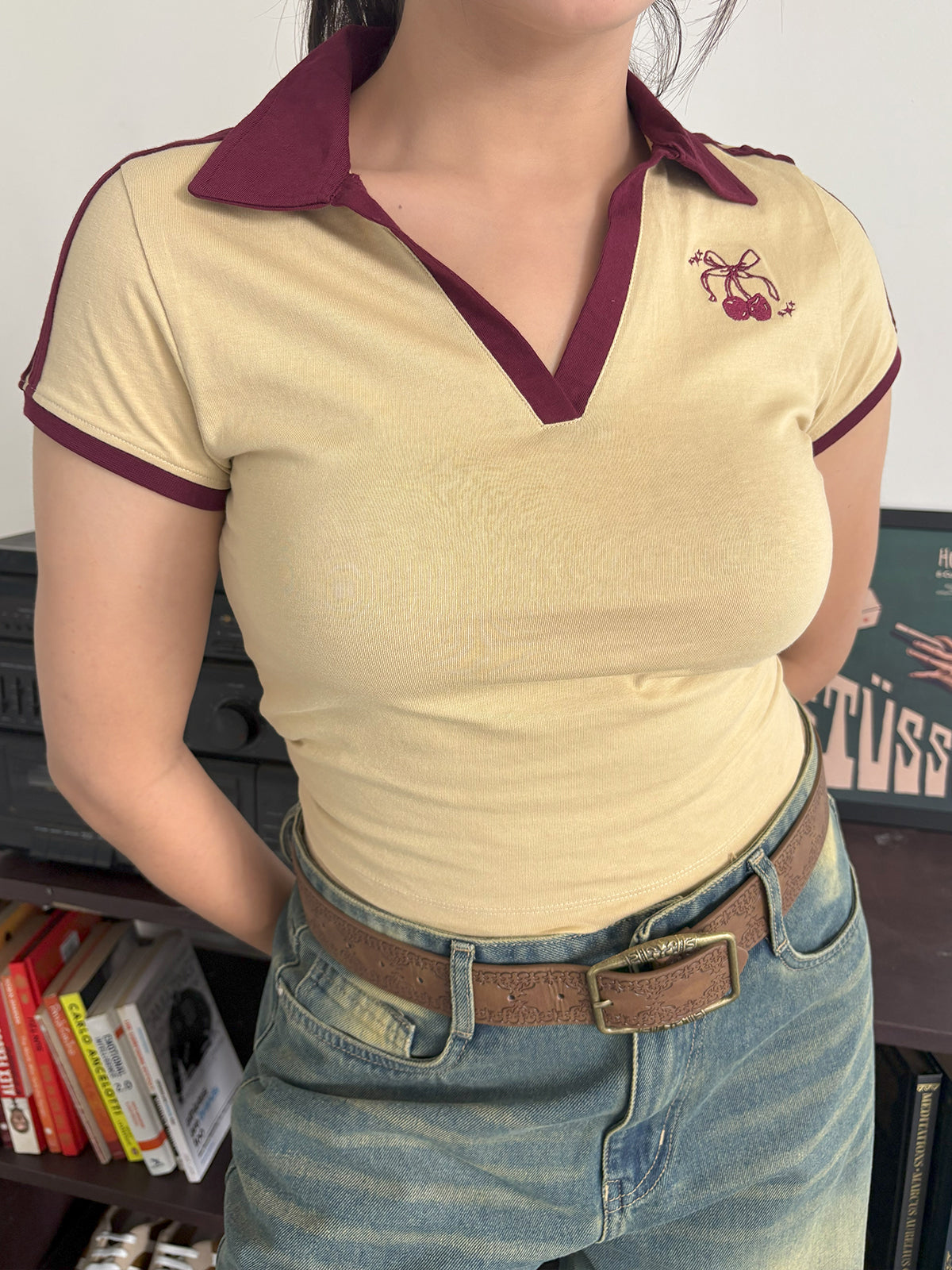 Beige Contrast Detail Embroidered Polo Tee