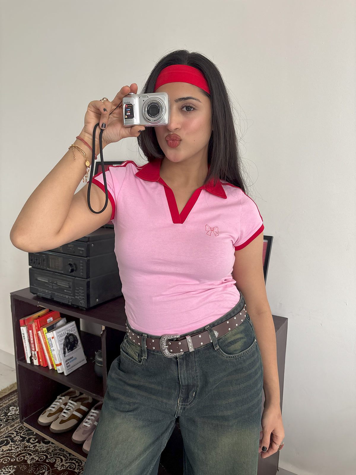 Soft Pink Contrast Detail Bow Graphic Polo Tee