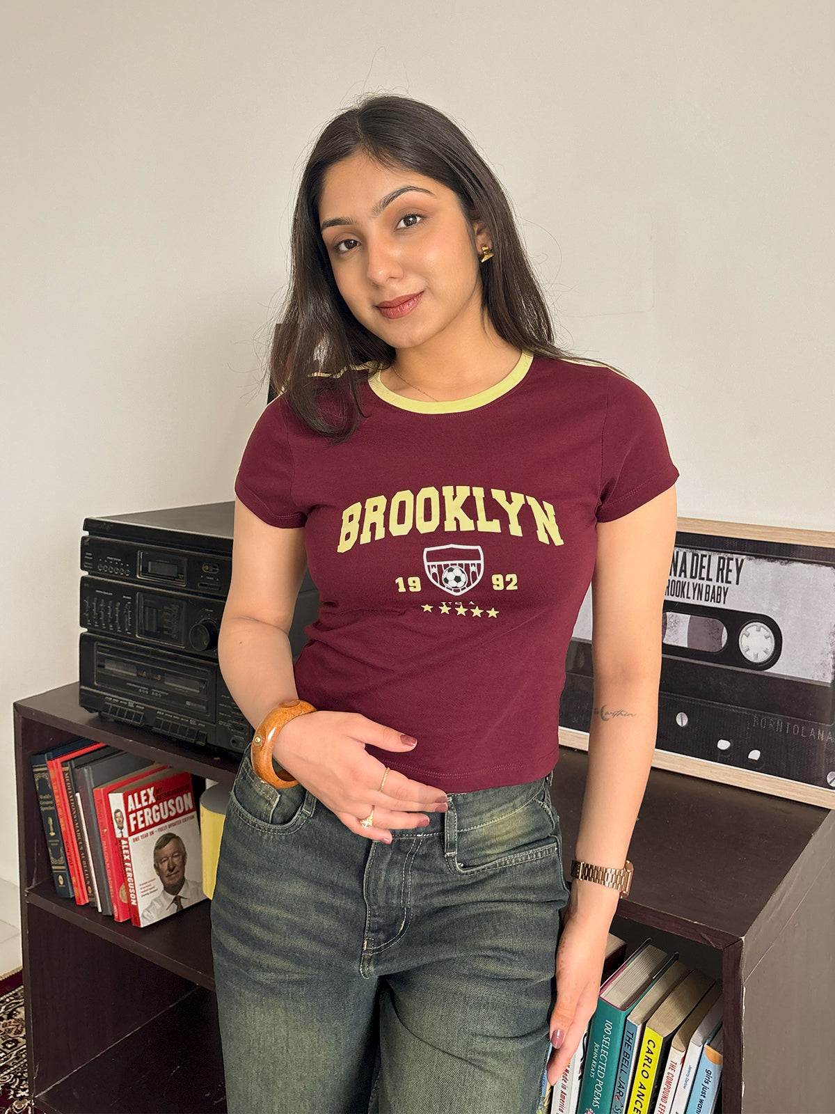 Deep Cherry Brooklyn Contrast Detail Graphic Baby Tee