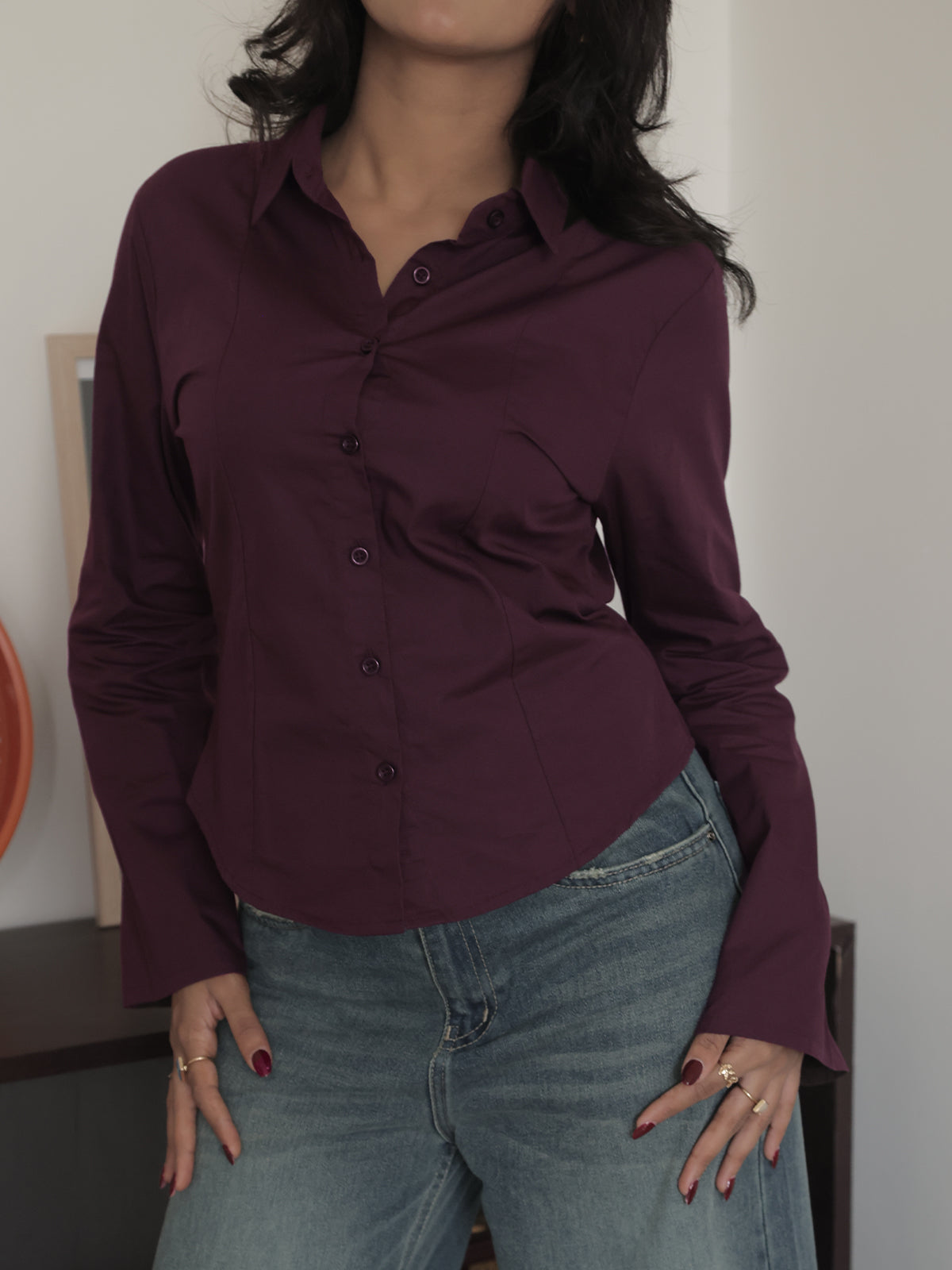 Plum Flared Sleeve Y2K Fitted Shirt