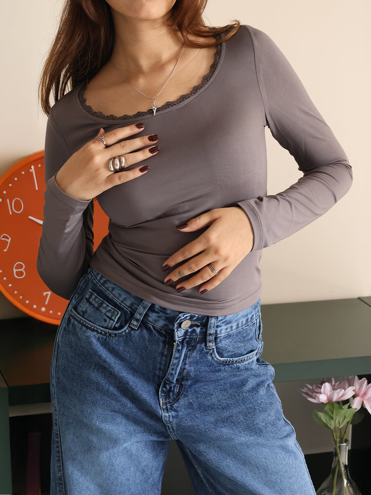 Dark Grey Scoop Neck Long Sleeve Lace Trim Slim Fit Top