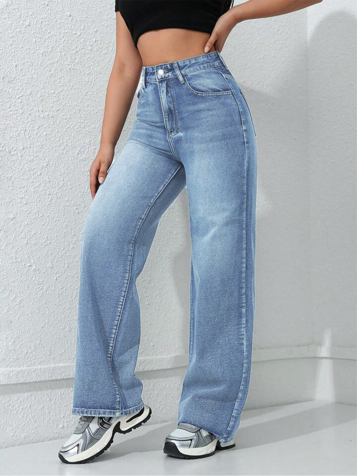 Stone Blue Whisker Straight Fit  Jeans