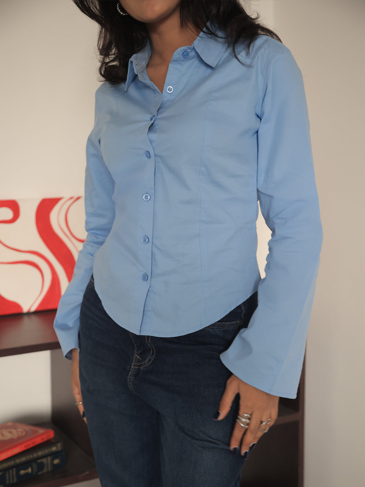 Powder Blue Flared Sleeve Y2K Fitted Shirt