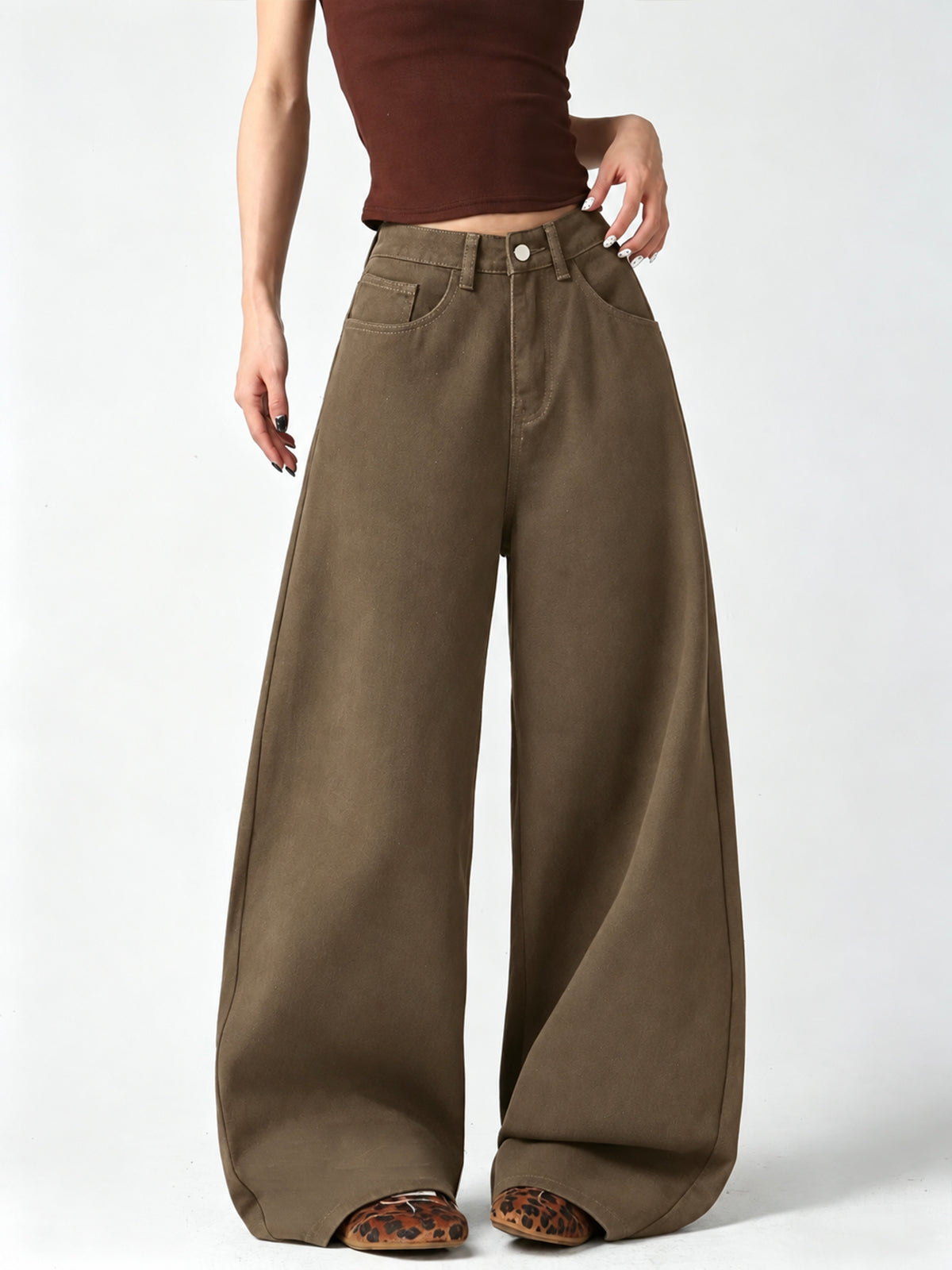 Walnut Brown Washed Wide Leg Jeans
