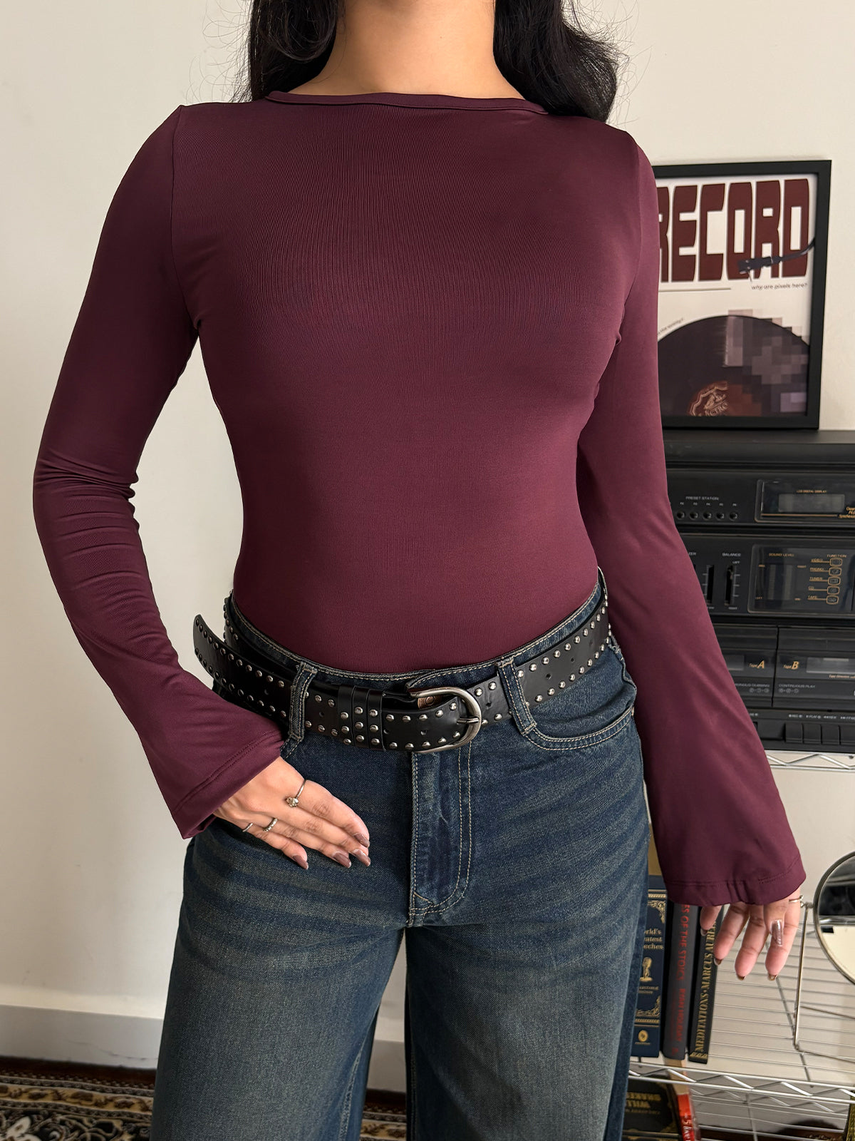 Plum Boat Neck Bell Sleeve Slim Fit Top