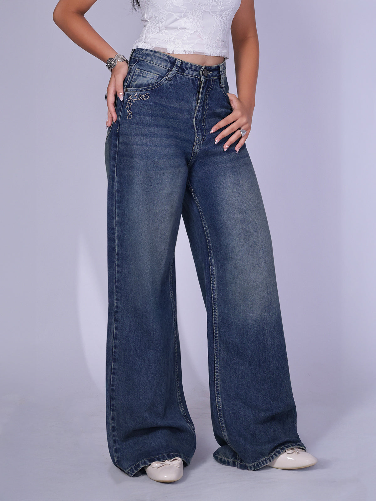 Astral Blue Embroidered Wide Leg Jeans