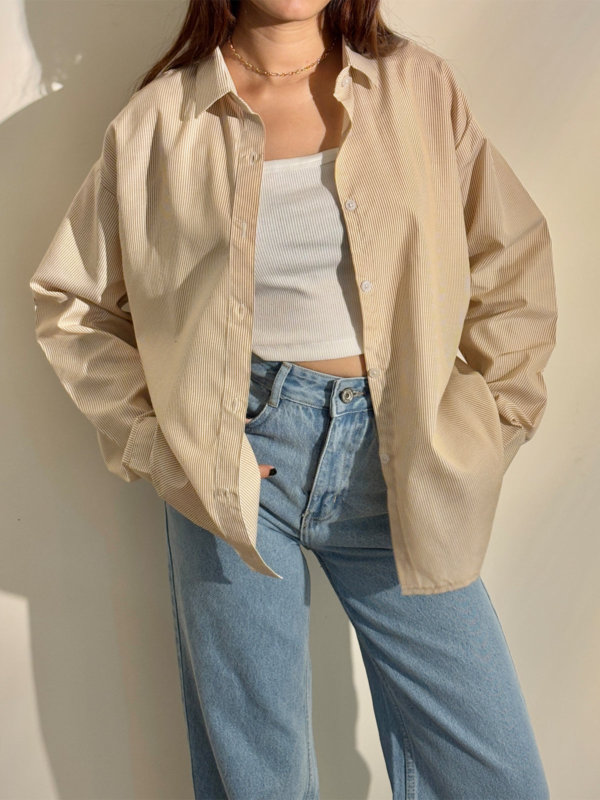 Beige Striped Drop Shoulder Shirt