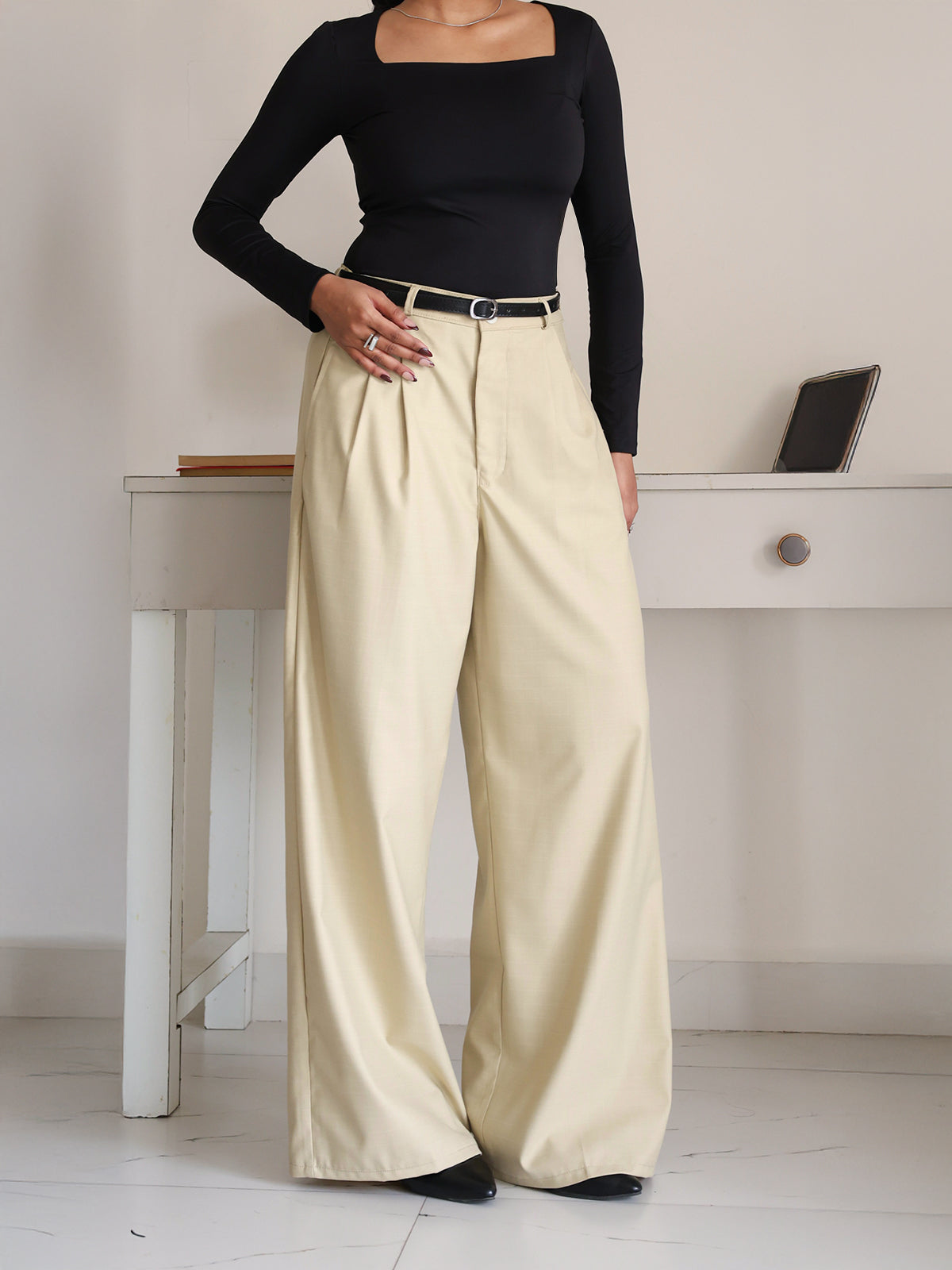 Vanilla Beige Belted Wide Leg Korean Pant
