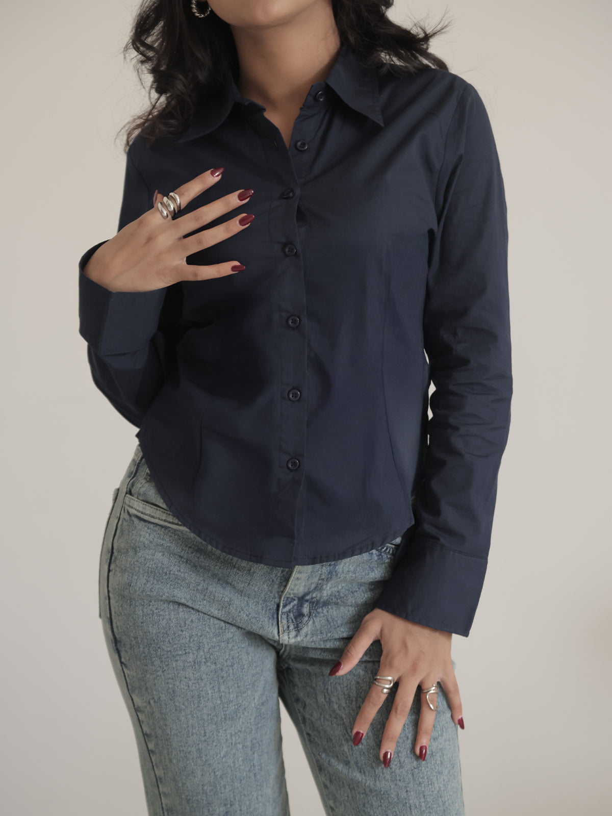 Navy Long Sleeve Y2K Fitted Shirt