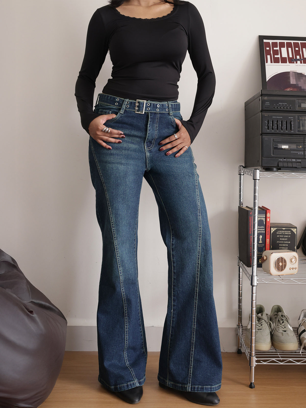 Midnight Ash Blue Belted Bootcut Jeans
