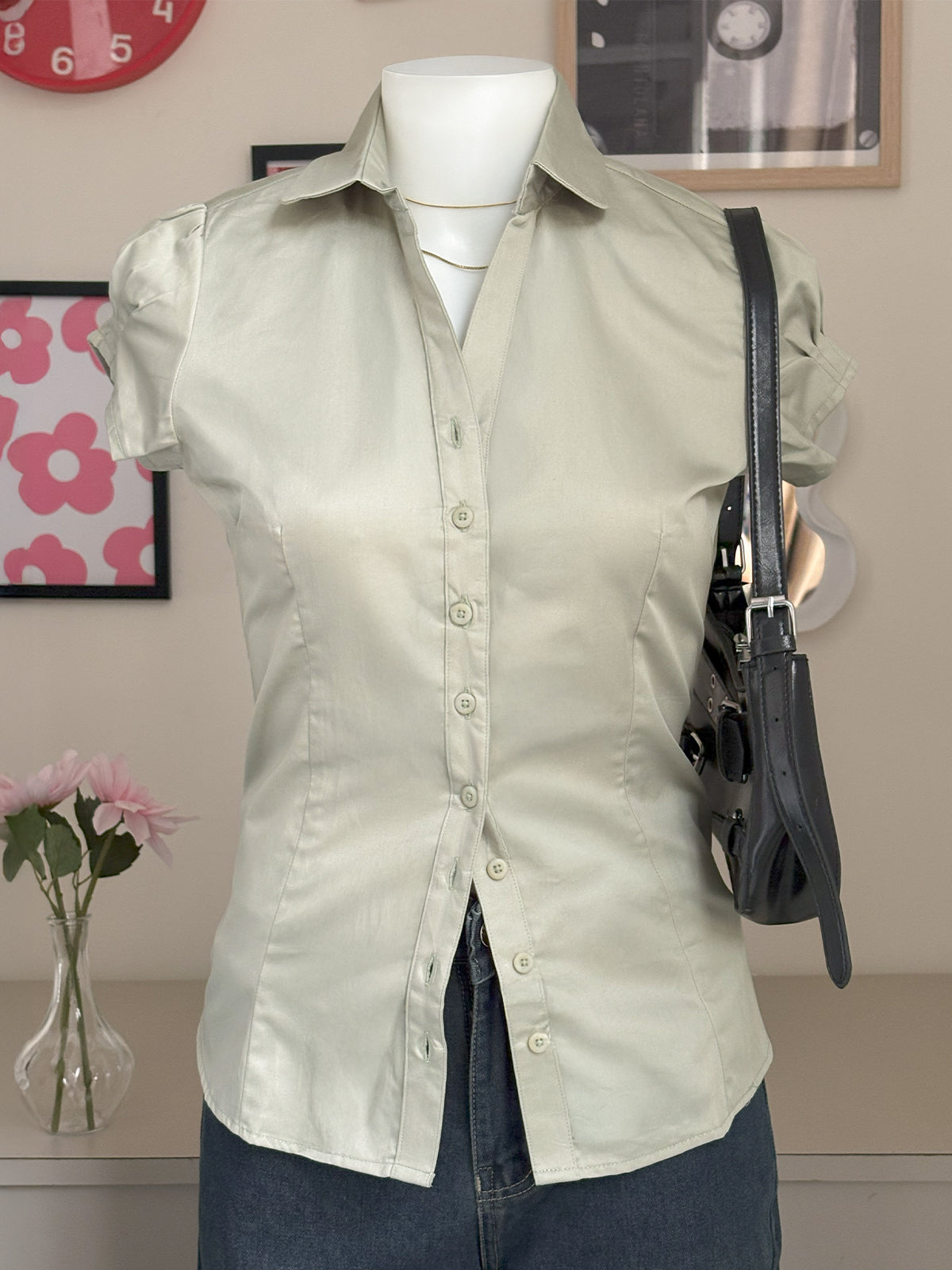 Sage Green Short Sleeve Y2K Fitted Shirt