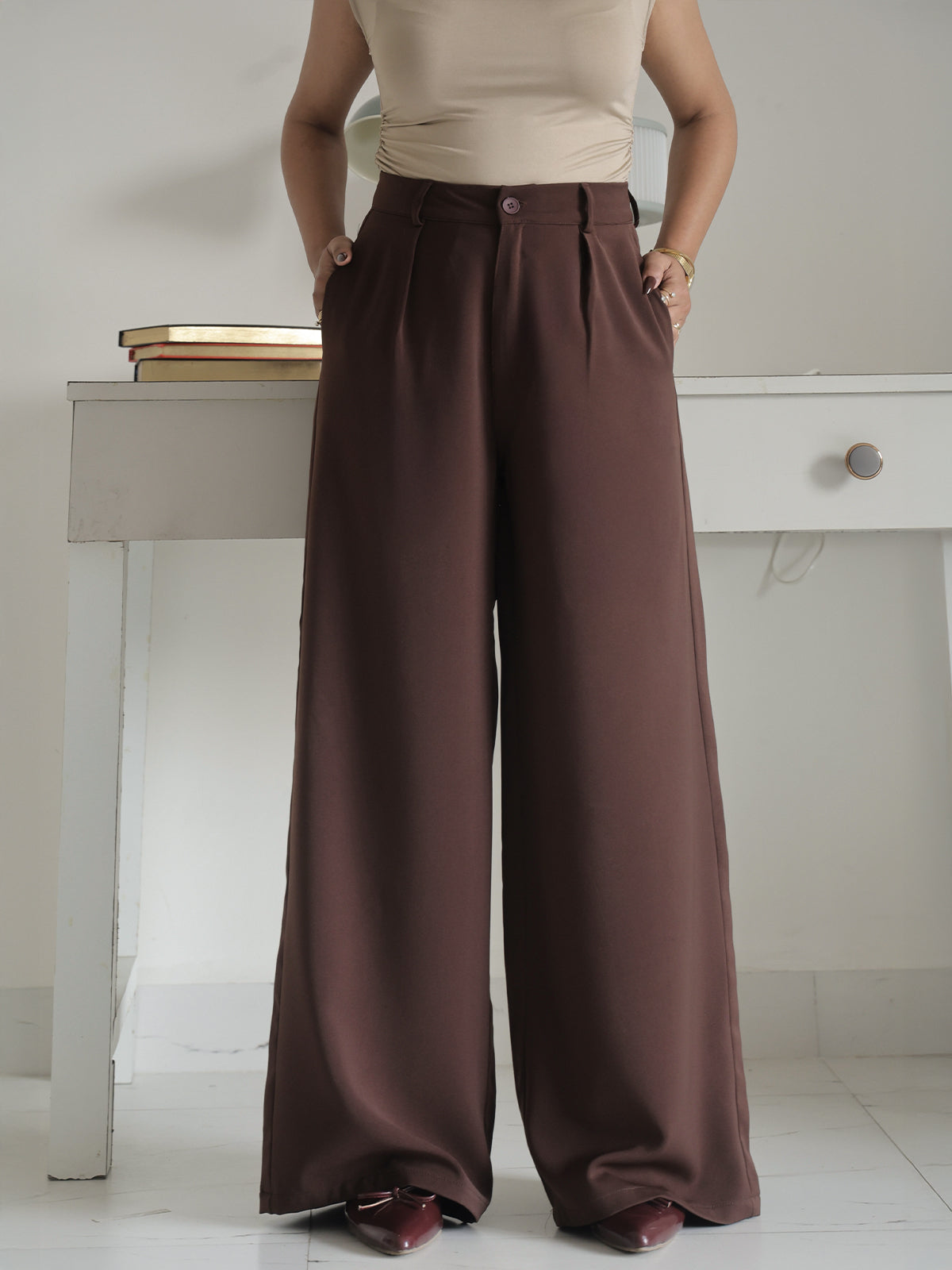 Chocolate Brown Pleated Wide Leg Korean Pants