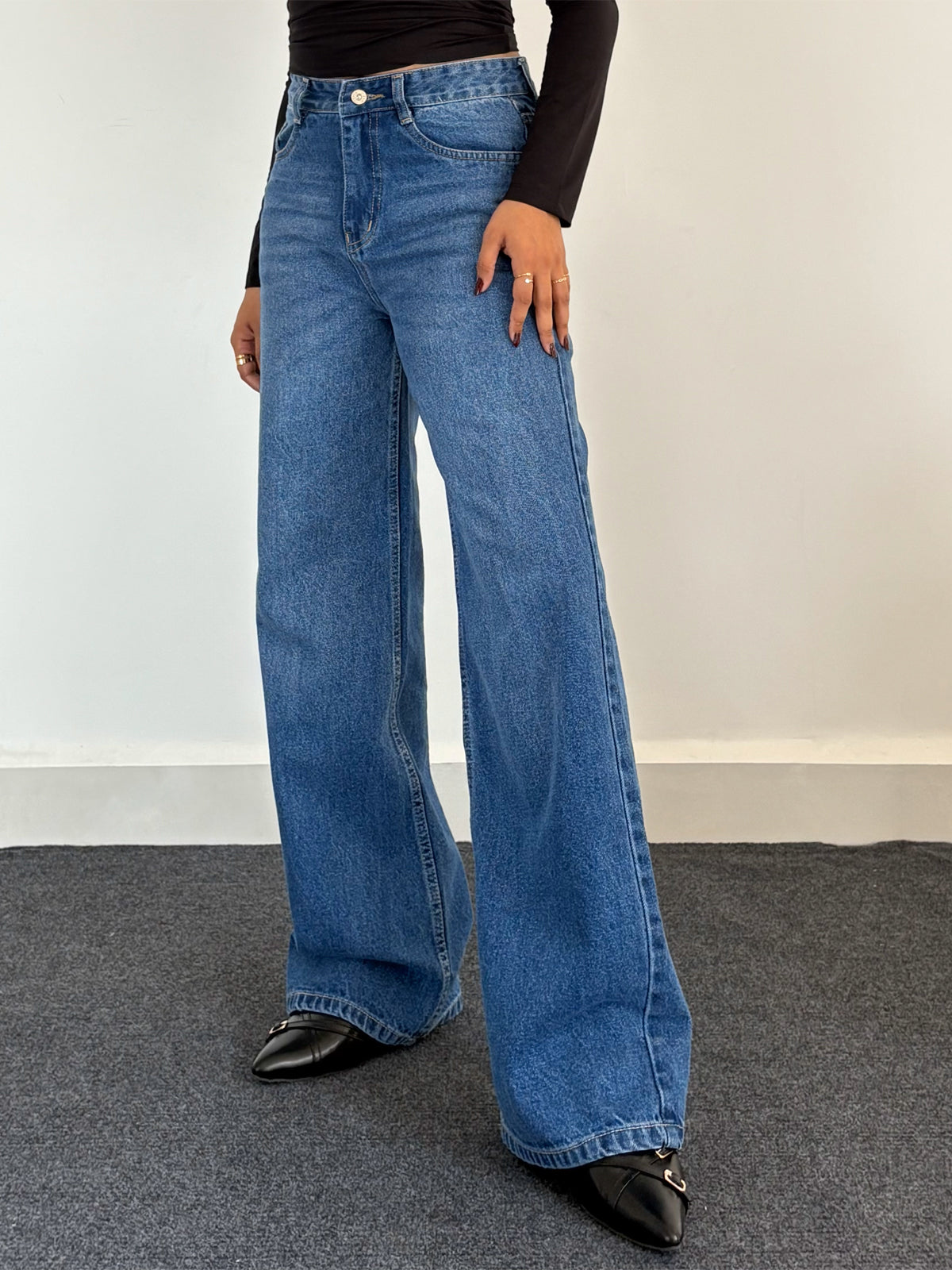 90'S Ocean Blue Whisker Super Wide Leg Jeans