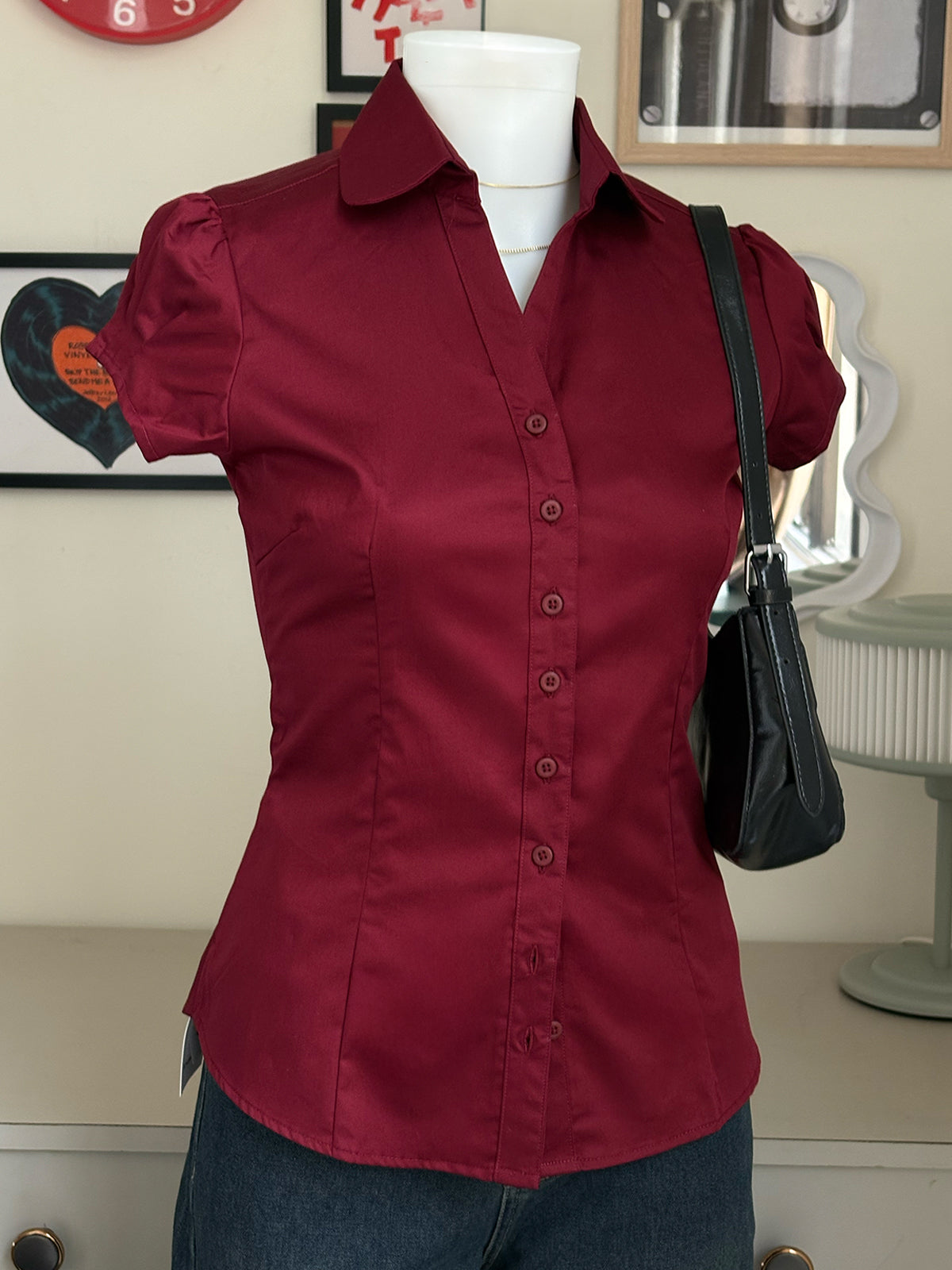 Cherry Red Short Sleeve Y2K Fitted Shirt