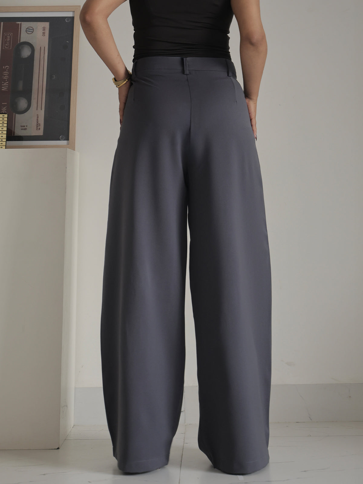 Ash Grey Pleated Wide Leg Korean Pants
