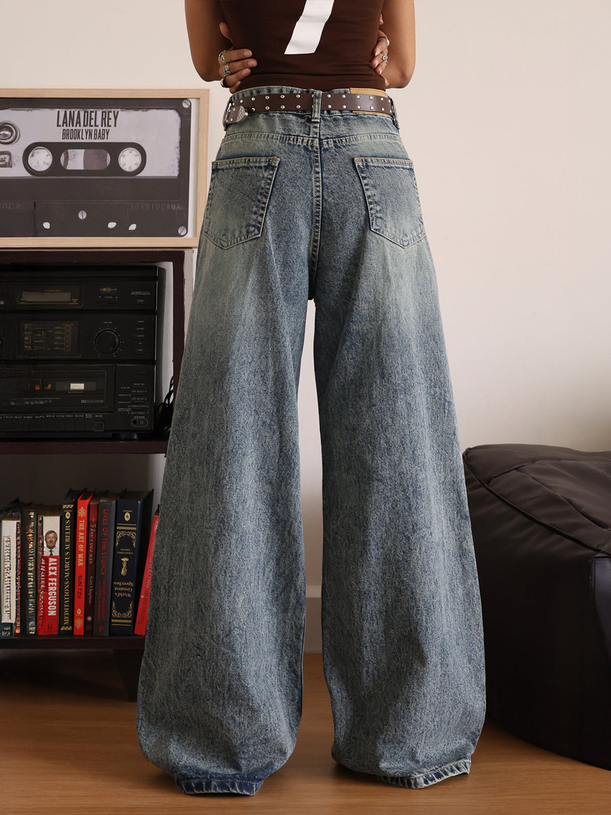 Retro Blue Tinted Ripped Super Wide Leg Jeans