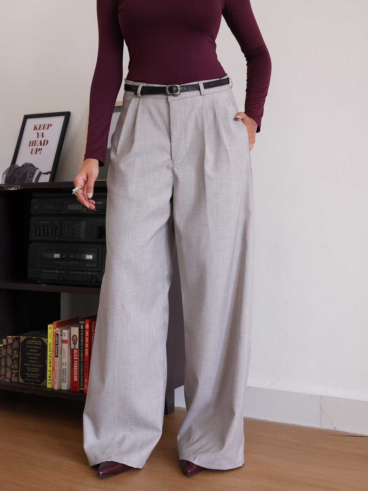 Oat Milk Belted Wide Leg Korean Pant