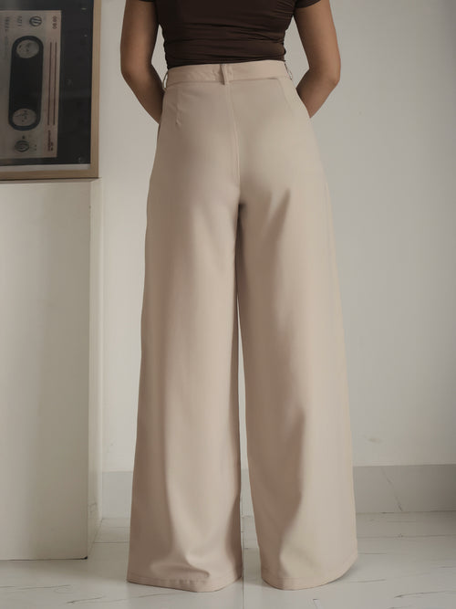 Warm Beige Pleated Wide Leg Korean Pants