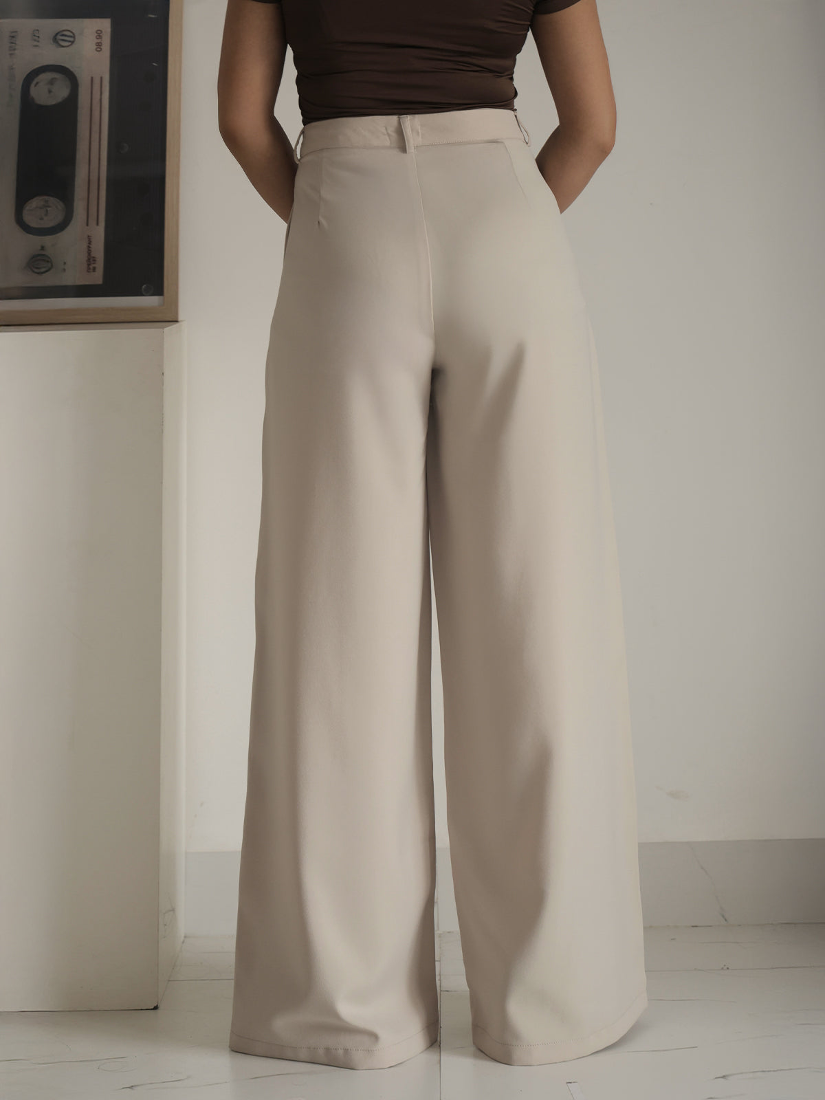 Muted Beige Pleated Wide Leg Korean Pants