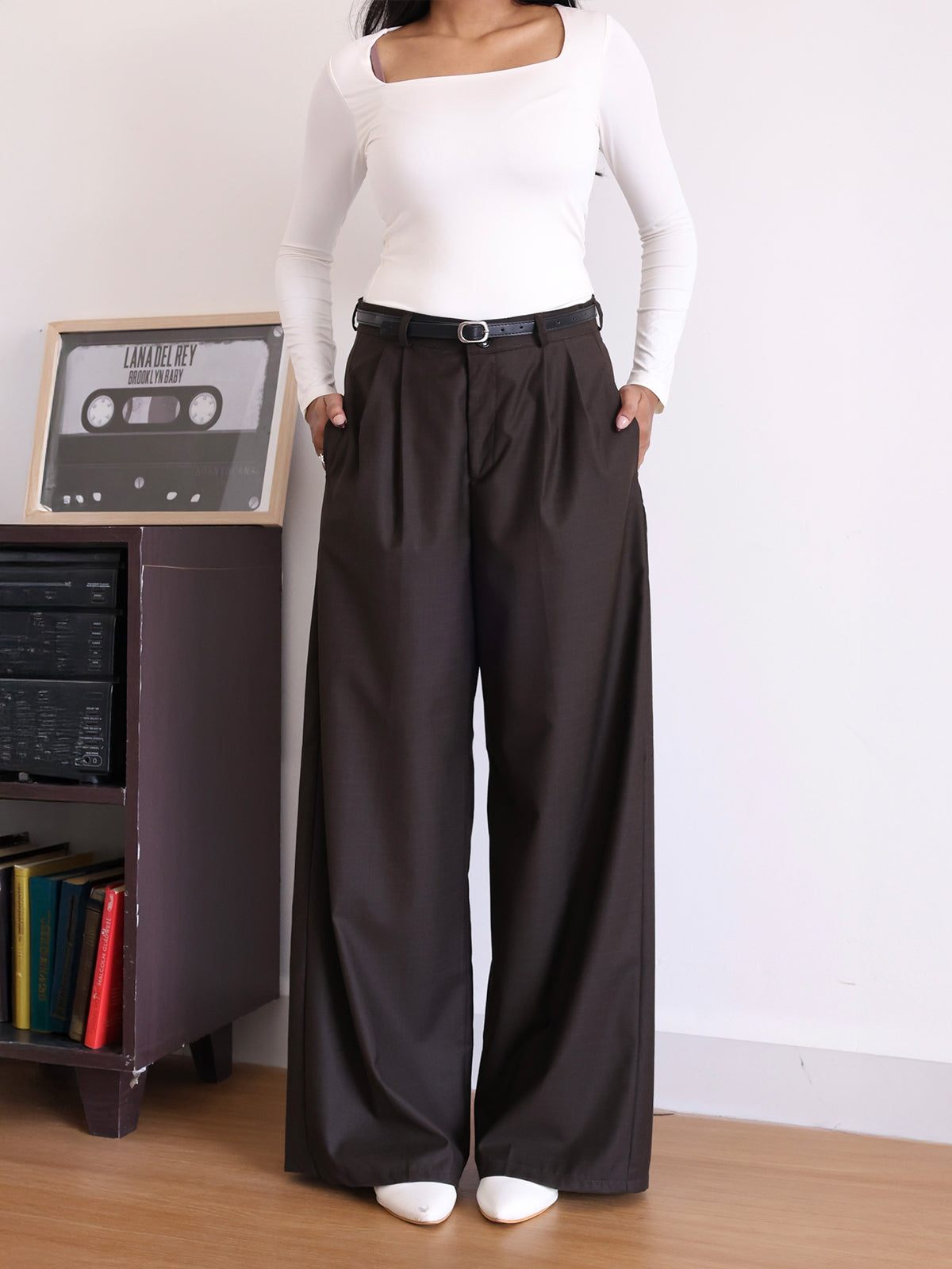 Espresso Brown Belted Wide Leg Korean Pant