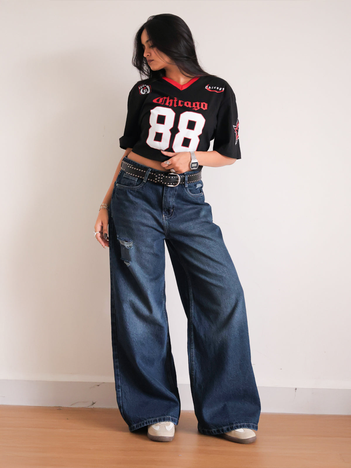 Deep Ocean Blue Ripped Ultra Wide Leg Jeans  