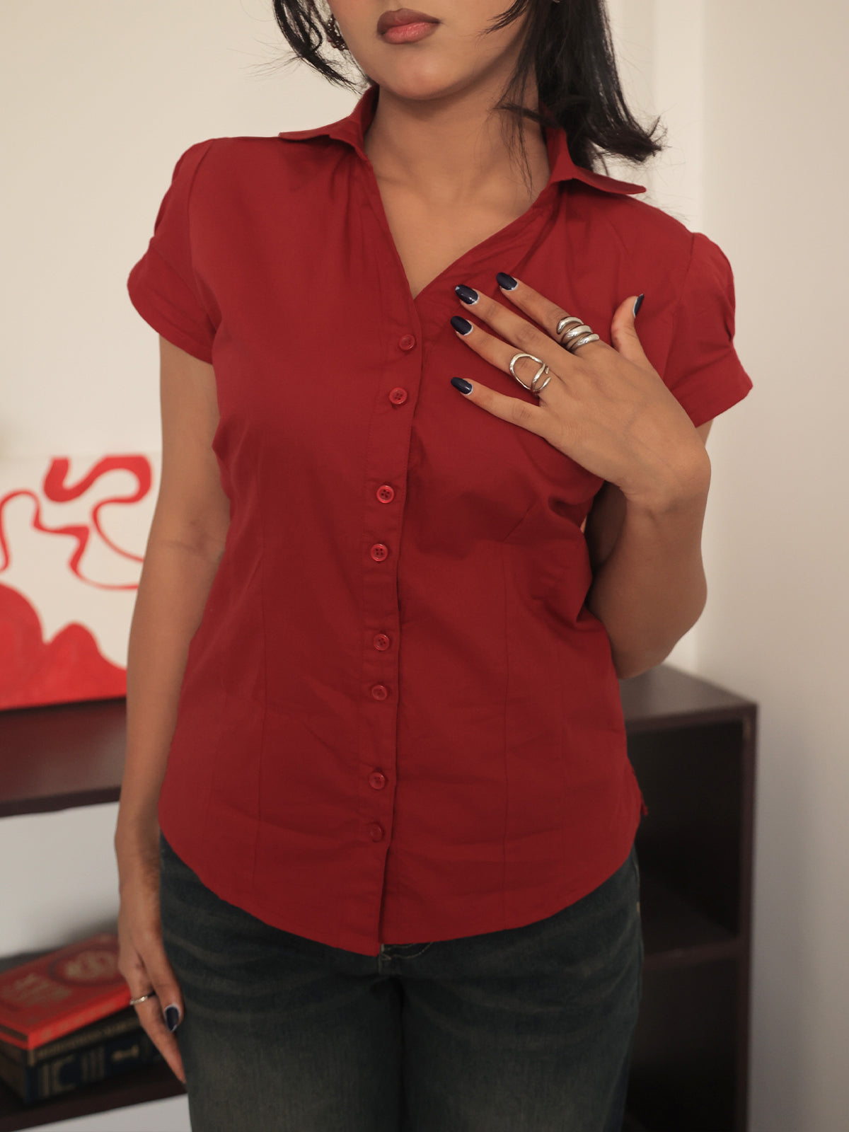 Red Short Sleeve Y2K Fitted Shirt