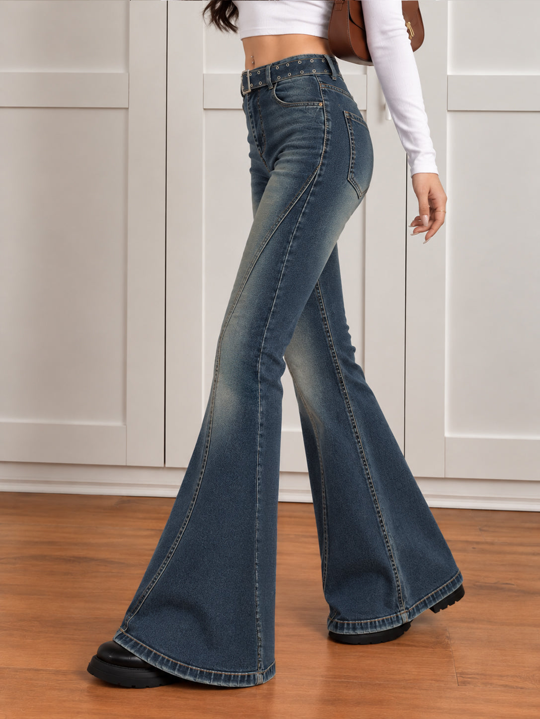 Dusty Navy Blue Belted Bootcut Jeans