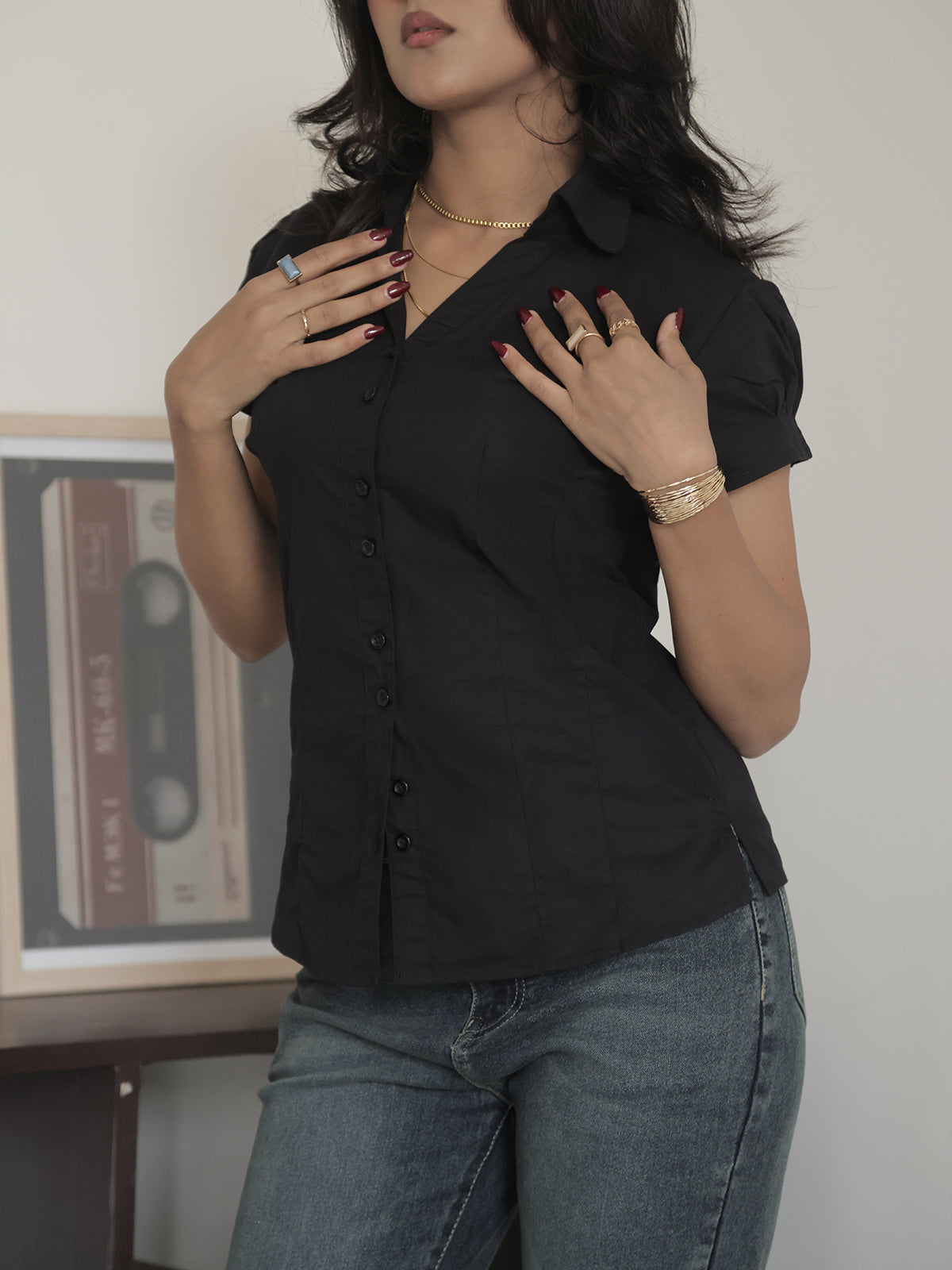 Black Short Sleeve Y2K Fitted Shirt