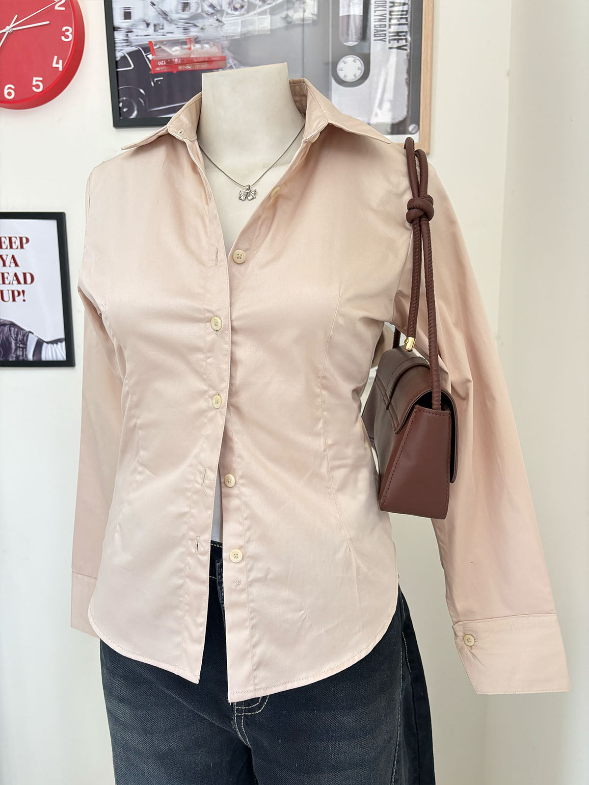 Beige Long Sleeve Y2K Fitted Shirt