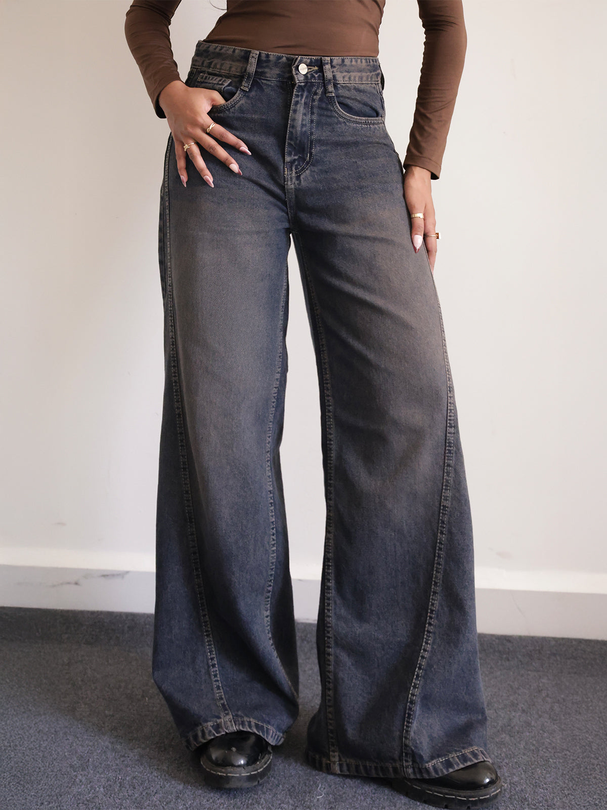 Burnt Blue Panelled Y2K Wide Leg Jeans