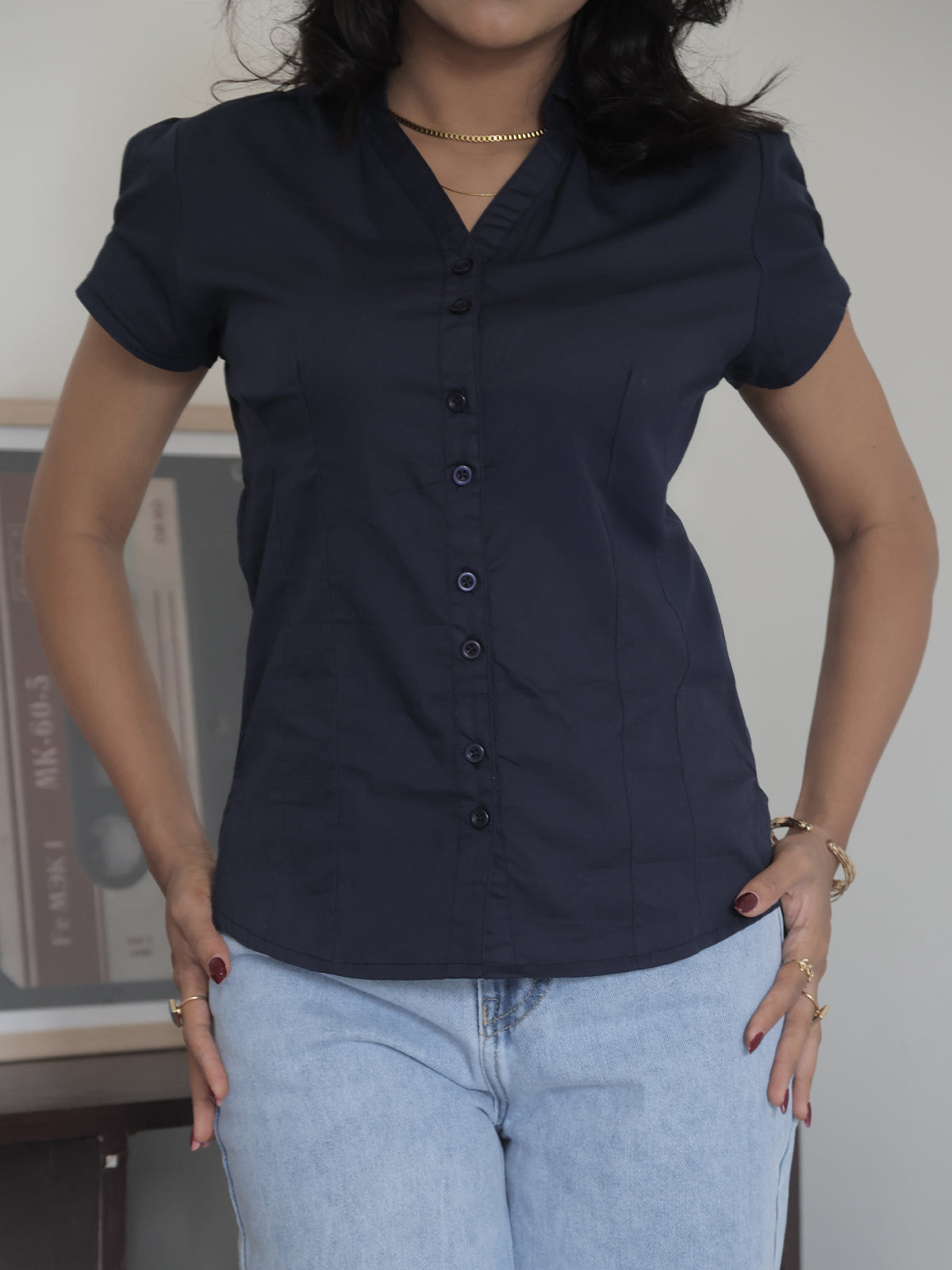 Navy Short Sleeve Y2K Fitted Shirt