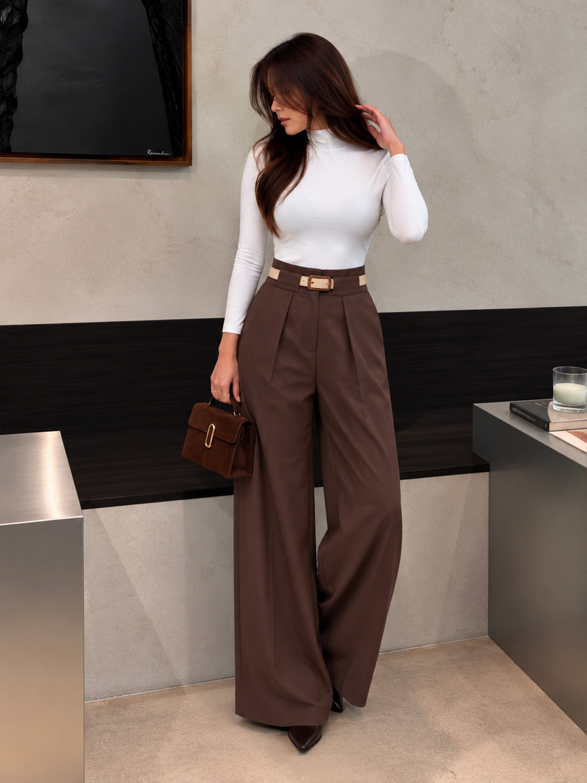 Truffle Brown Belted Tailored Korean Pant
