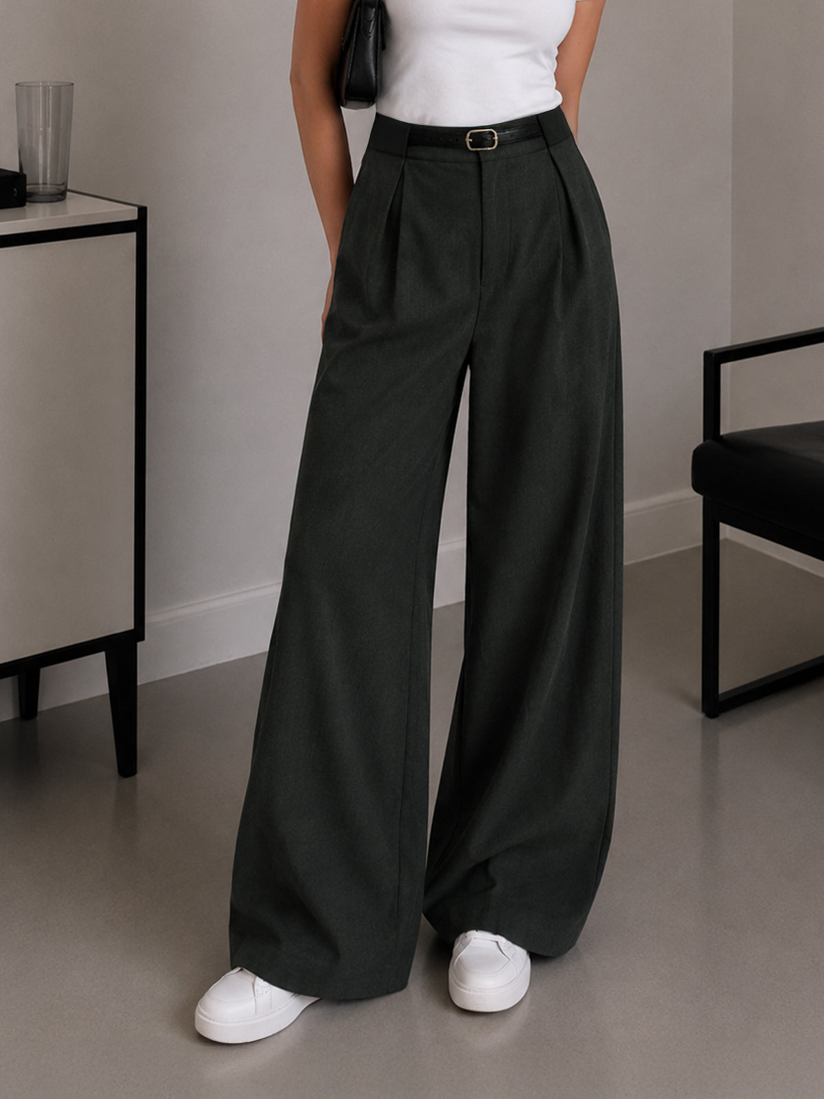 Olive Black Belted Korean Pant
