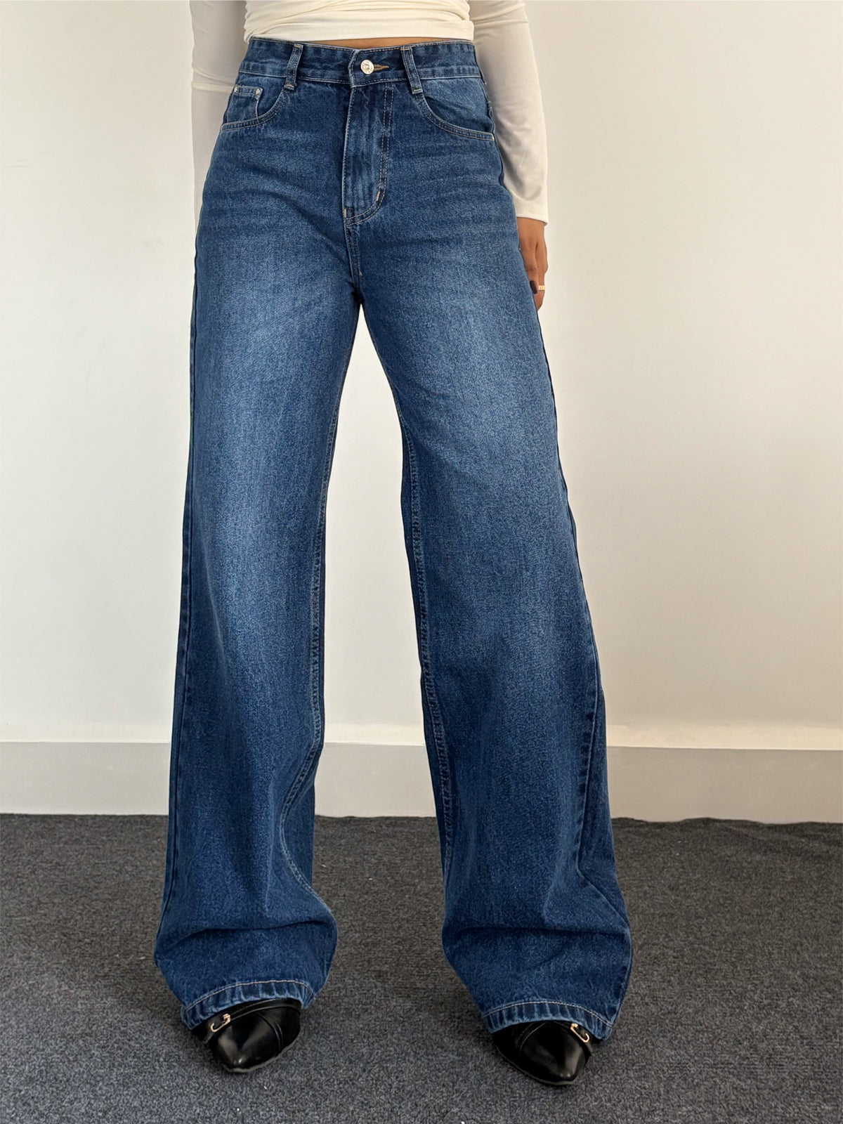 90'S Midnight Blue Whisker Super Wide Leg Jeans