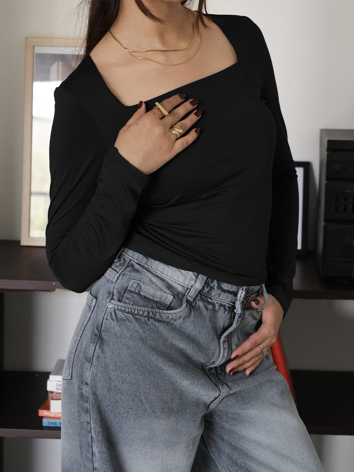 Black Square Neck Long Sleeve Slim Fit Top