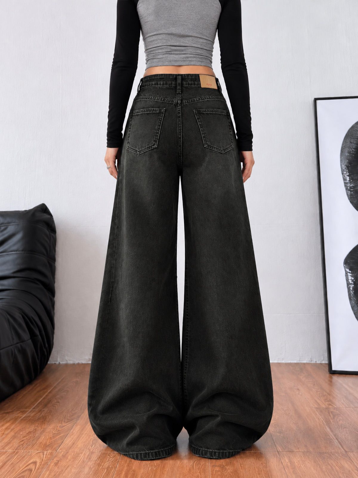 Forest Black Embroidered Wide Leg Jeans