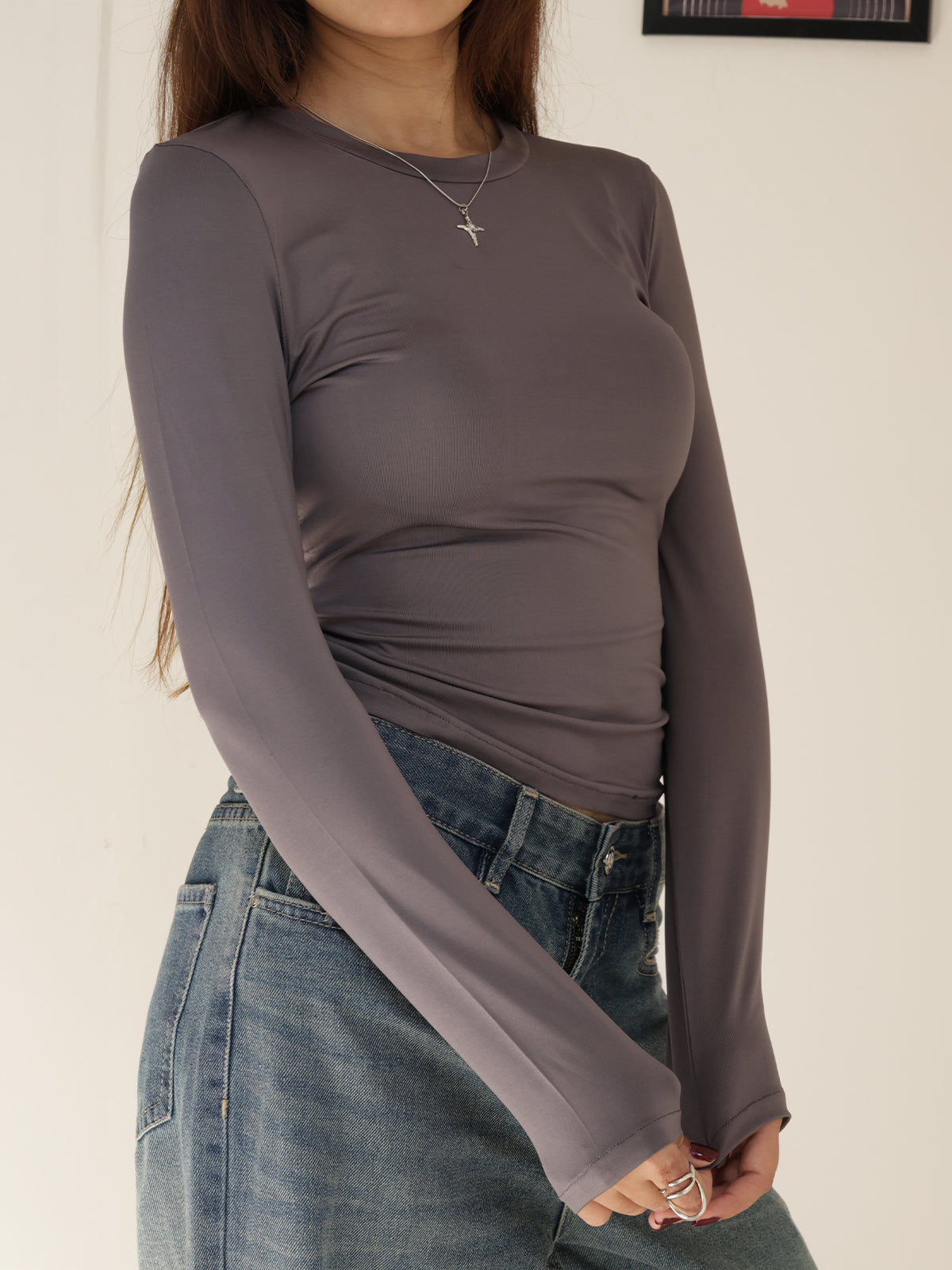 Dark Grey Crew Neck Long Sleeve Slim Fit Top