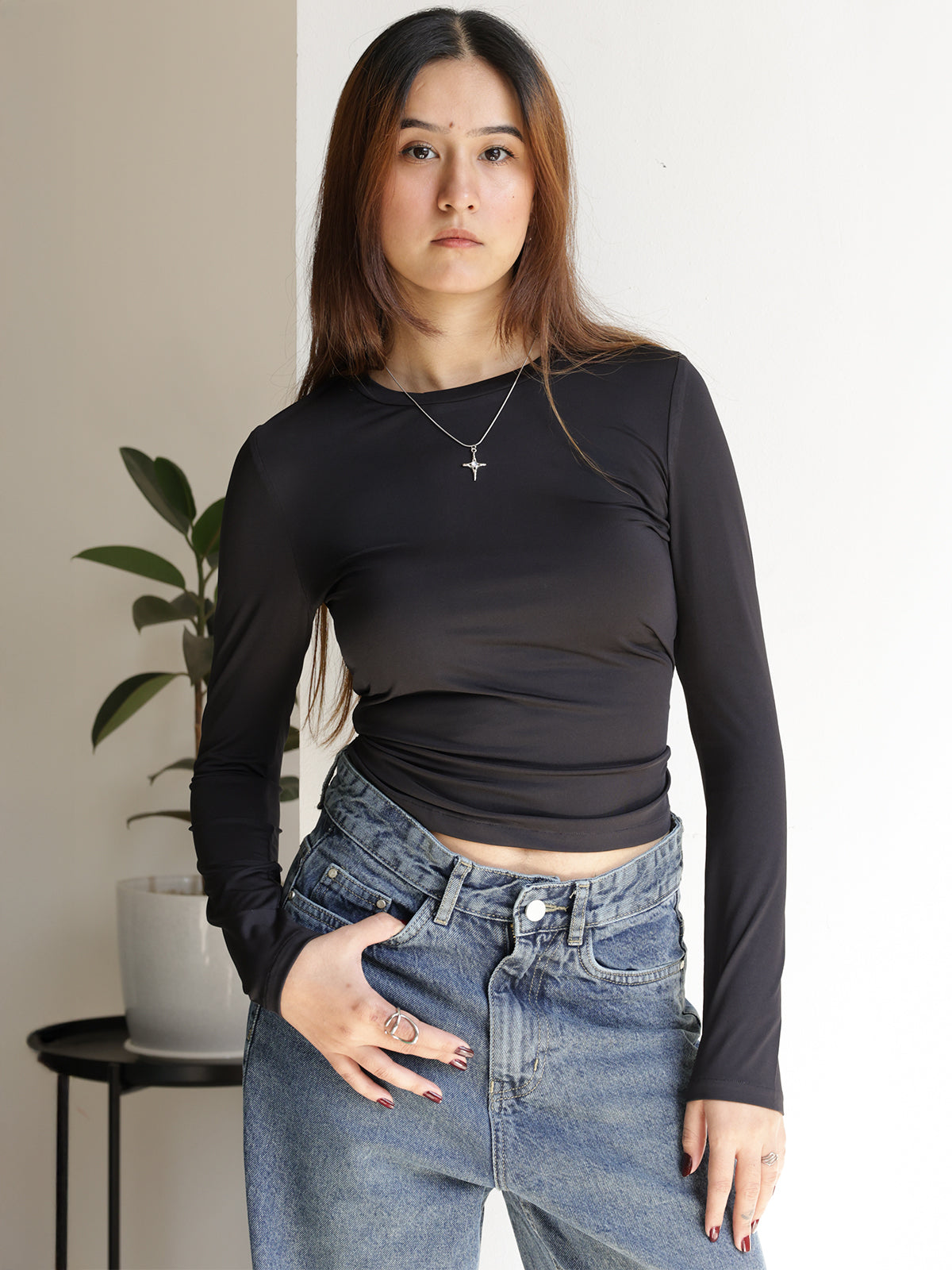 Black Crew Neck Long Sleeve Slim Fit Top