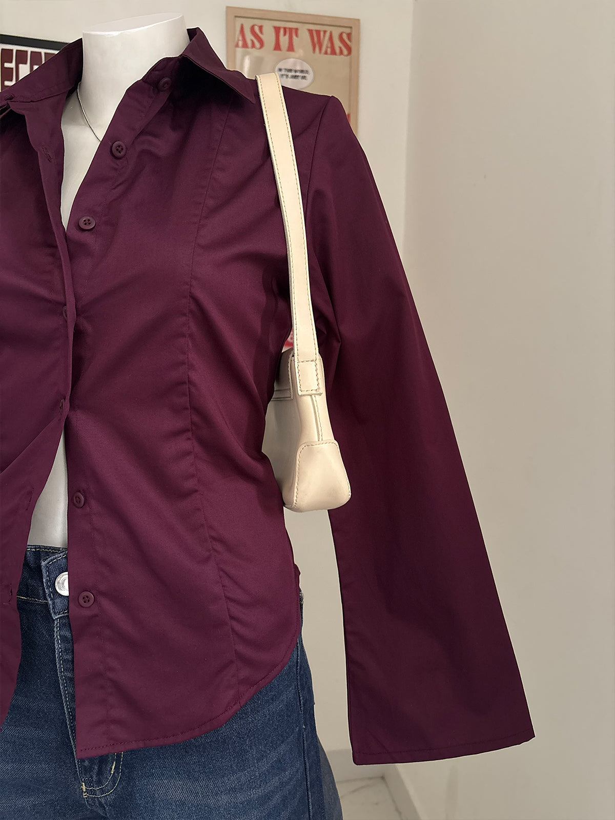 Plum Flared Sleeve Y2K Fitted Shirt